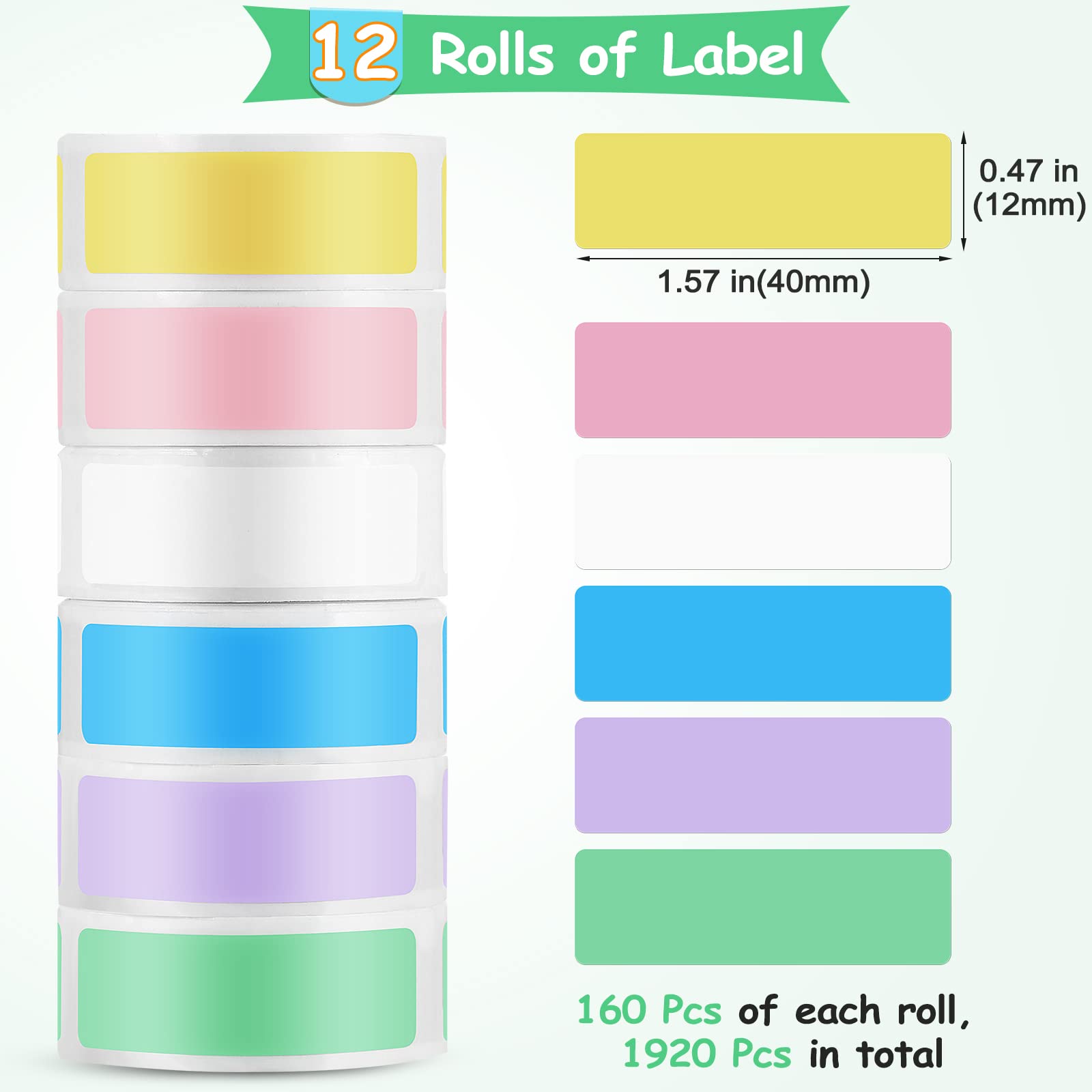 Marspark 1920-Piece Laminated Label Sticker Roll - Compatible with D30 Portable Printer, 12x40mm Colorful Labels (160/Roll) - Perfect for Organizing, Shipping & Inventory Management