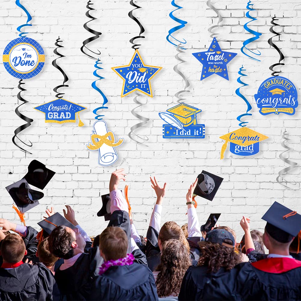 Class of 2025 Graduation Decorations - Navy Blue & Gold Hanging Swirls for Grad Party | Pre-Assembled Congrats Grad Decor | HappyField Brand | Perfect for Graduation Ceremonies, Parties & Photo Backdrops