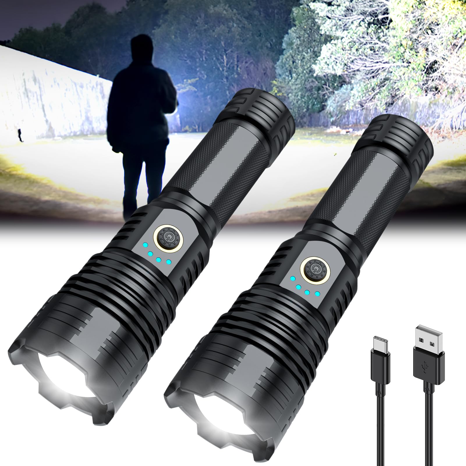 Alifa 2-Pack Rechargeable Flashlights - 1000000 Lumens Super Bright LED Tactical Flashlight, 5 Modes & Zoomable, Waterproof & High-Powered - Perfect for Camping, Hiking, Emergency & Outdoor Adventures