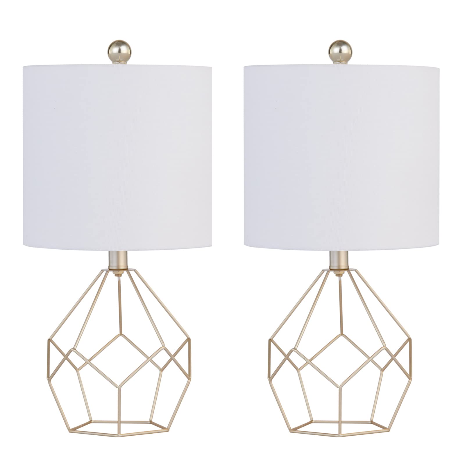 Modern Table Lamps Set of 2 - Geometric Gold Metal Base with White Fabric Shade, 18.75