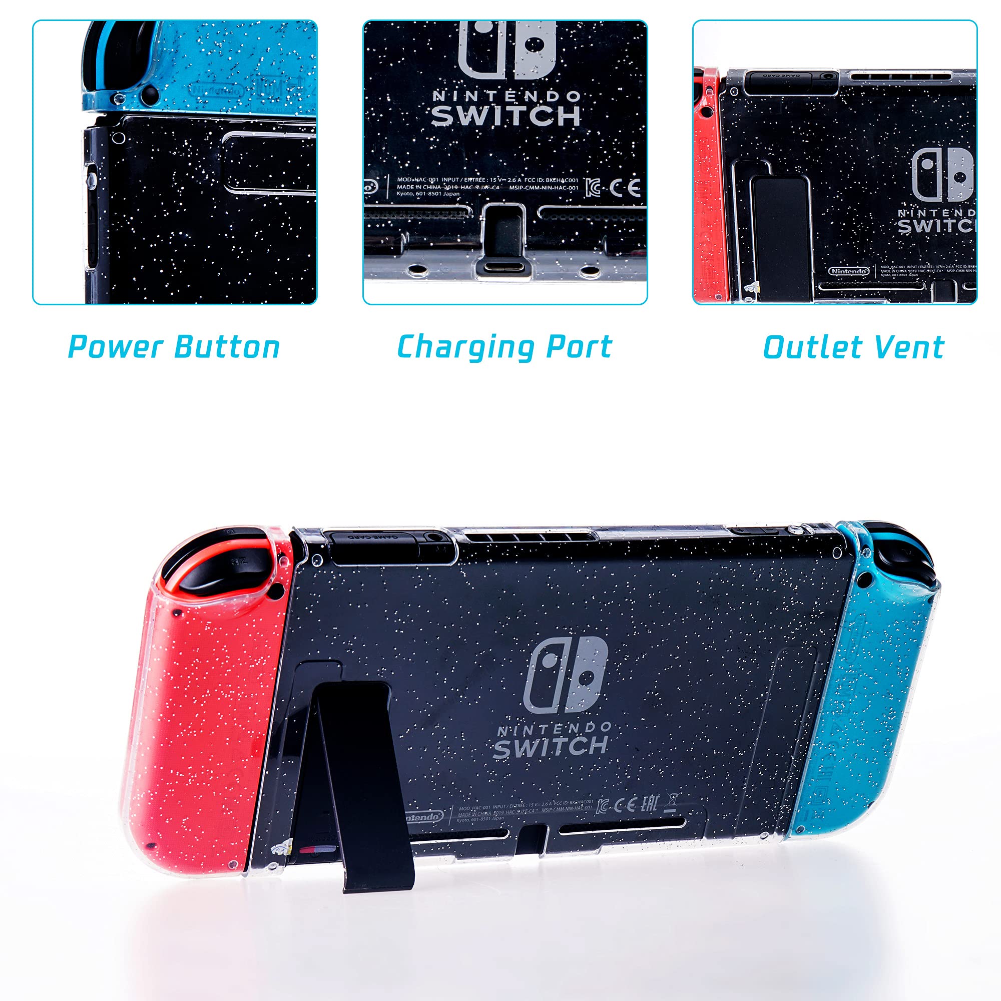 FANPL Glitter Clear Case for Nintendo Switch - TPU Silicone Soft Shell Dockable Protective Cover for Switch Console & Joy-Con Controllers with 2 Bling Thumb Grips (Transparent) - Perfect for Gaming Protection & Style Enhancement