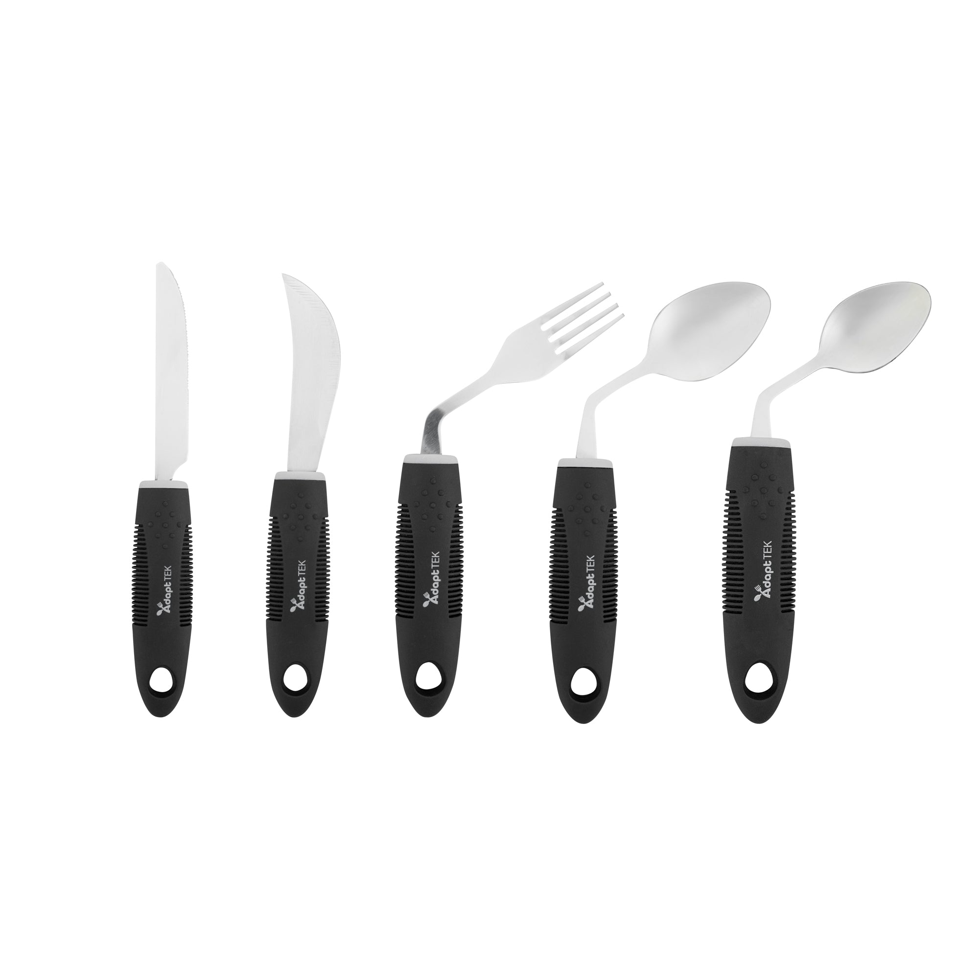 Adapt Tek Black Stainless Steel 5-Piece Adaptive Offset Utensil Set for Left-Handed Users - Lightweight, Non-Slip Grip, Ergonomic Design - Ideal for Arthritis, Limited Mobility & Elderly Care (1 Count) - Perfect for Cooking, Dining & Assisted Living