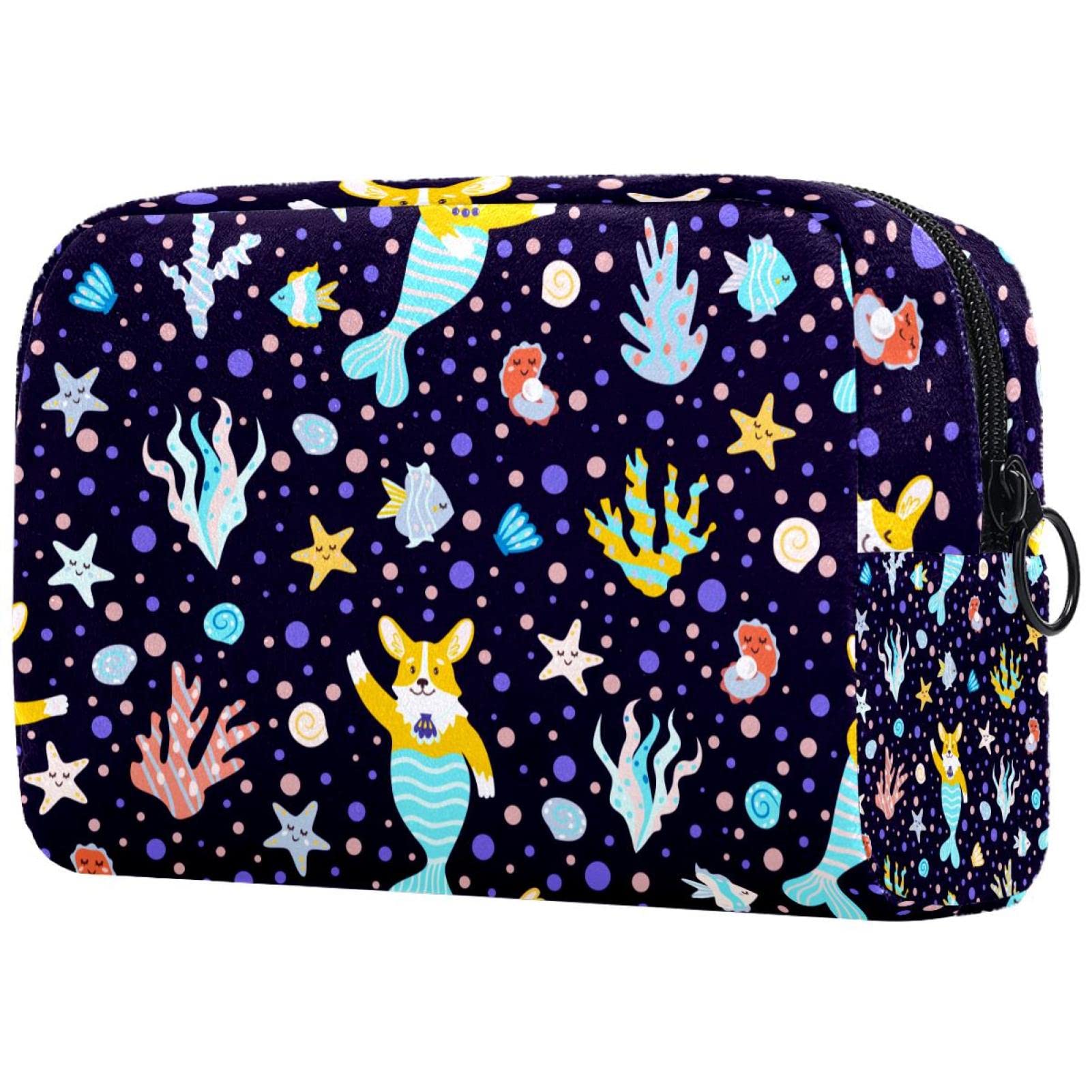 Waterproof Small Travel Makeup Bag for Women - Cute Mermaid & Corgi Design Cosmetic Pouch - Perfect for Toiletries, Makeup Storage & Travel Essentials (Navy Blue) - Ideal for Gym, Vacation & Daily Organizer
