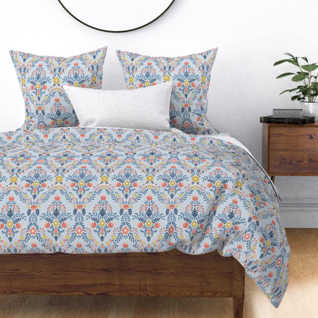 Premium Cotton Sateen Duvet Cover Full/Queen Size - Scandinavian Damask Floral Design in Light Blue, Yellow & Peach | Victorian Style Custom Bedding by Spoonflower | Perfect for Master Bedroom, Guest Room & Bohemian Home Decor