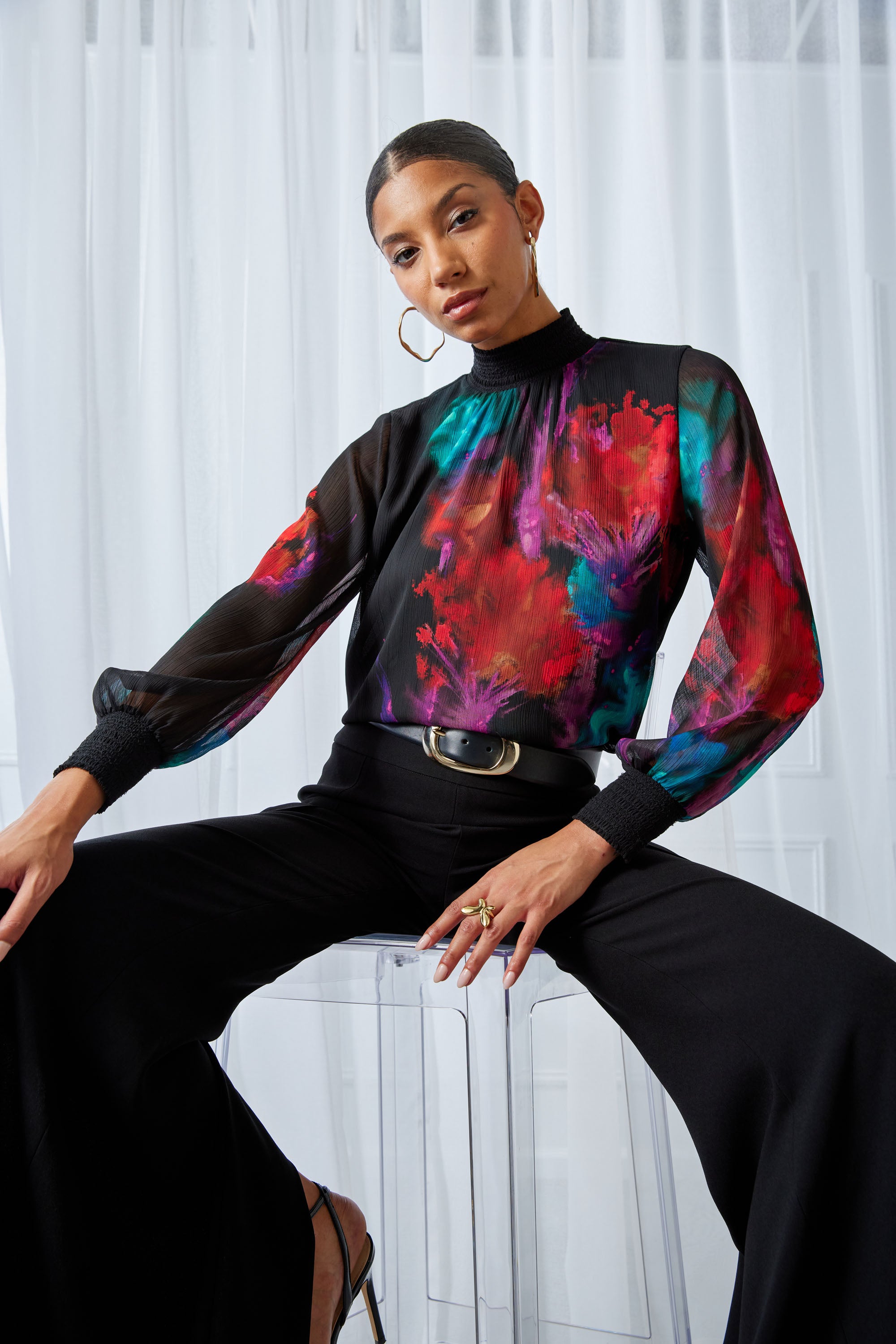 Women's Mock Neck Floral Print Blouse - Elegant Long Sleeve Tops for Work, Office, and Casual Outings