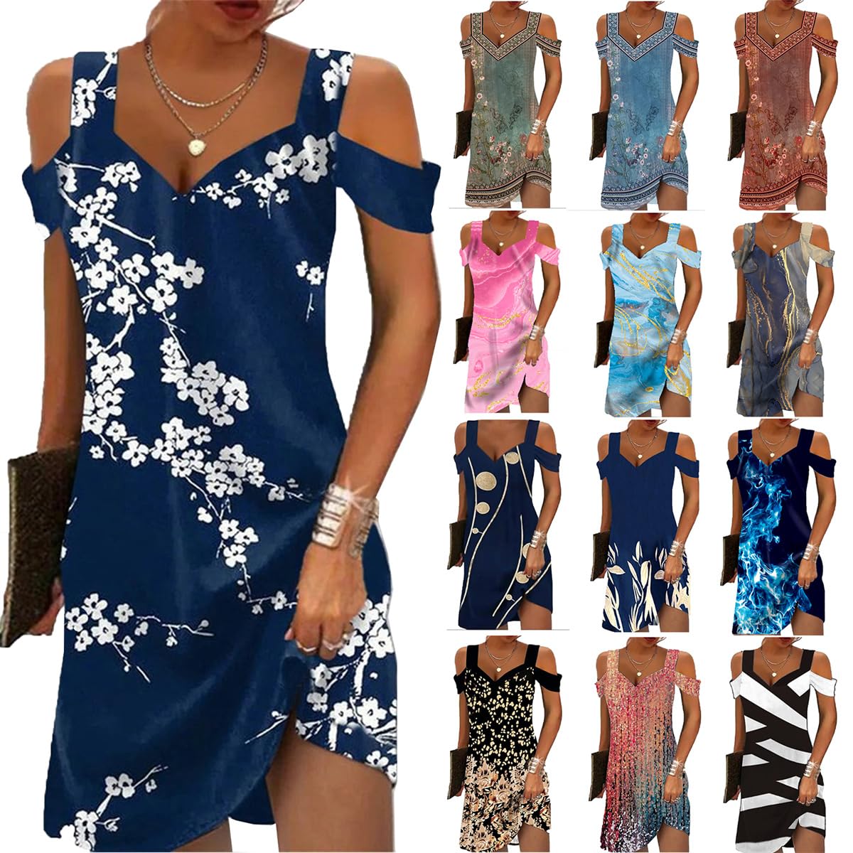Trendy 2025 Women's Summer Casual Cold Shoulder Dress - Boho Ethnic Floral Tribal Marble Print V-Neck Mini Dress for Beach, Party & Vacation