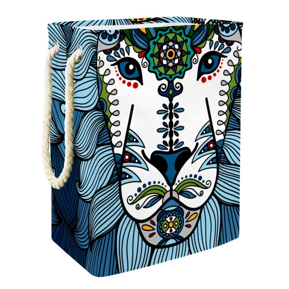 DJROW Collapsible Storage Baskets with Handles - Blue Lion Head & Ethnic Floral Design for Toys, Clothes, Laundry Organization | Foldable Hamper for Bedroom, Nursery, Playroom & Closet Storage Solutions