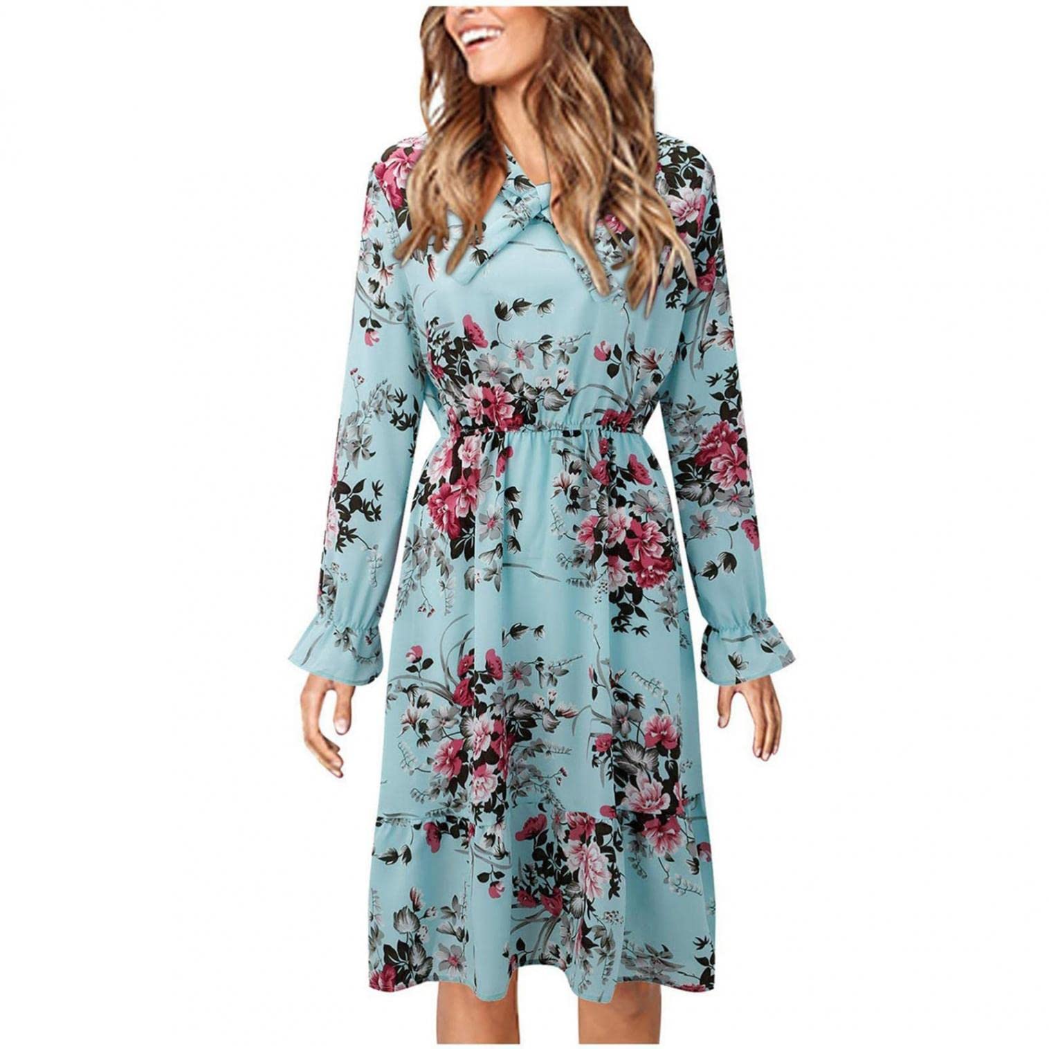 Trendy Floral Long Sleeve Midi Dress for Women & Teen Girls - Waisted Crewneck Fall Dress for Work, Date Night & Autumn Outings