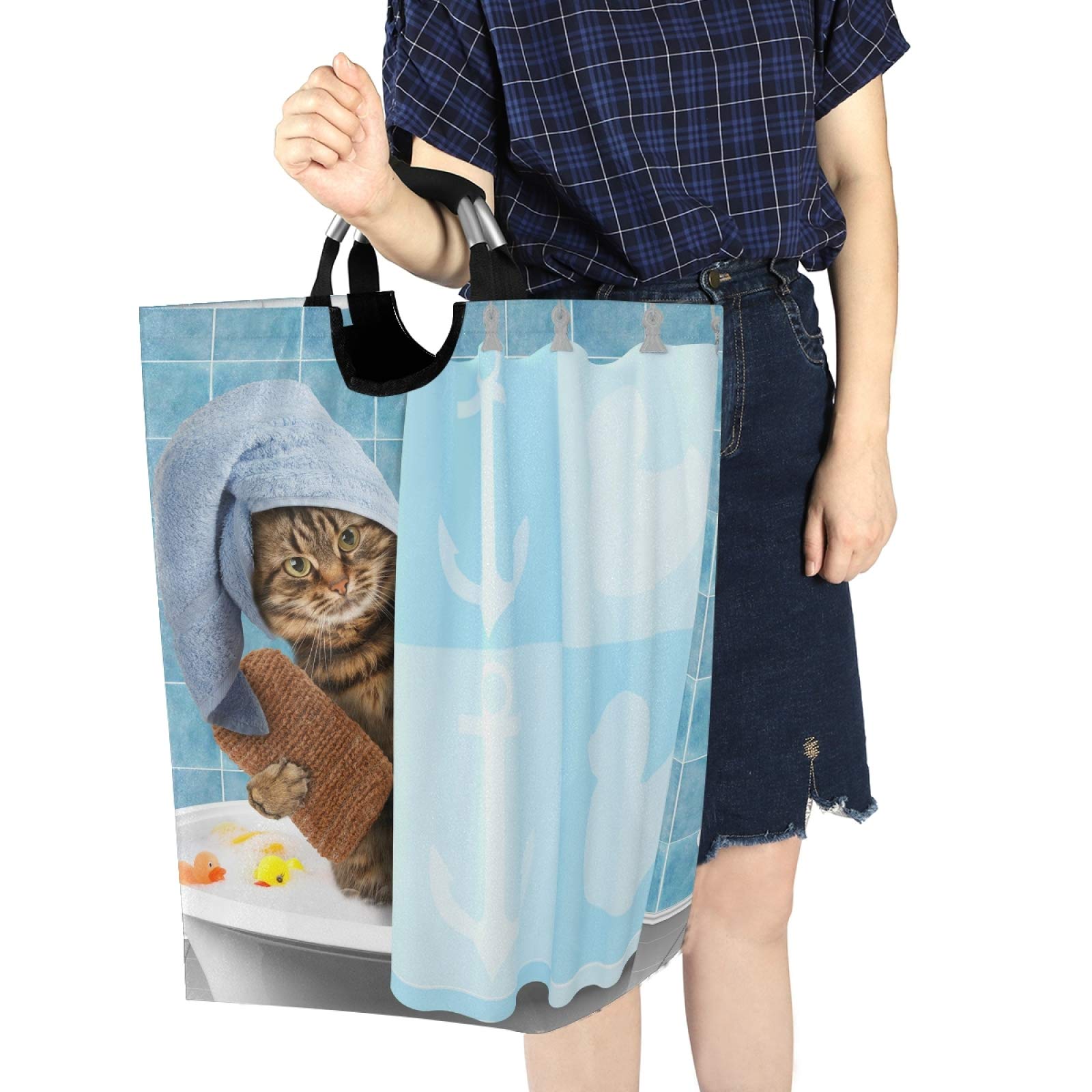 Funny Cat Shower Curtain Laundry Hamper - Foldable Waterproof Dirty Clothes Basket with Handles for Bathroom & Bedroom Storage | Perfect for Toy Organization, Bathroom Decor & Pet Lover Gifts