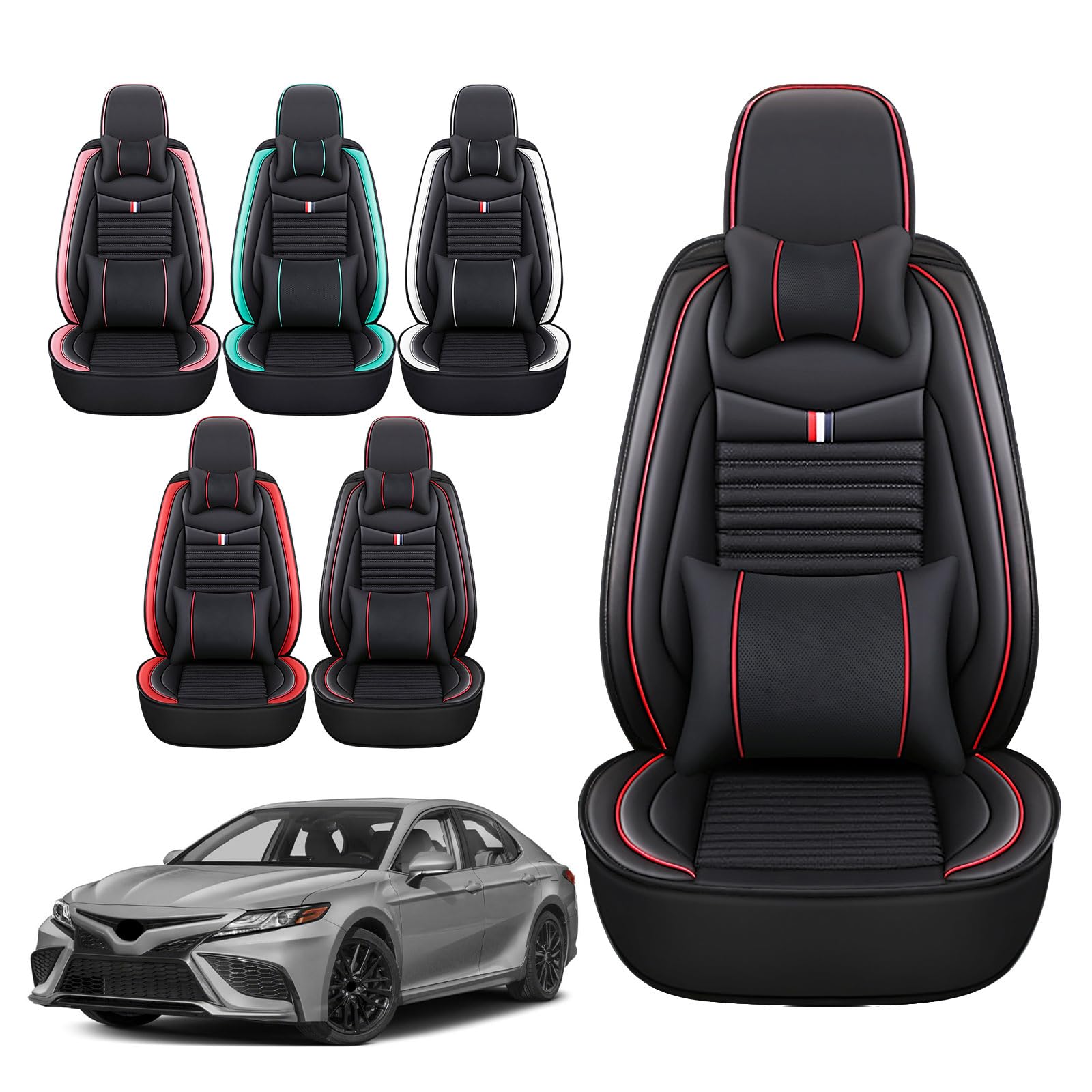 Premium Leather Car Seat Covers for Toyota Camry Hybrid 2007-2024 - Universal Anti-Slip Design Fits Most Cars, Sedans, SUVs & Trucks (Black Red Bars) - Perfect for Daily Commute, Road Trips & Long Drives
