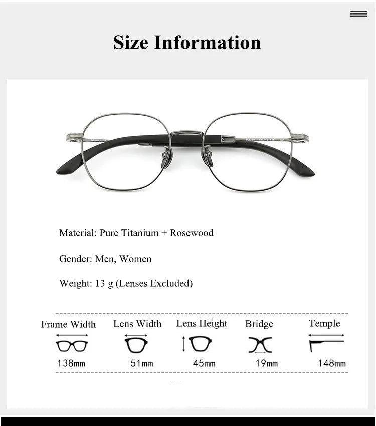Premium Men's Full Rim Square Titanium Eyeglasses with Rosewood Accents - Stylish & Durable Frame for Work, Reading & Everyday Wear (Model 2330)