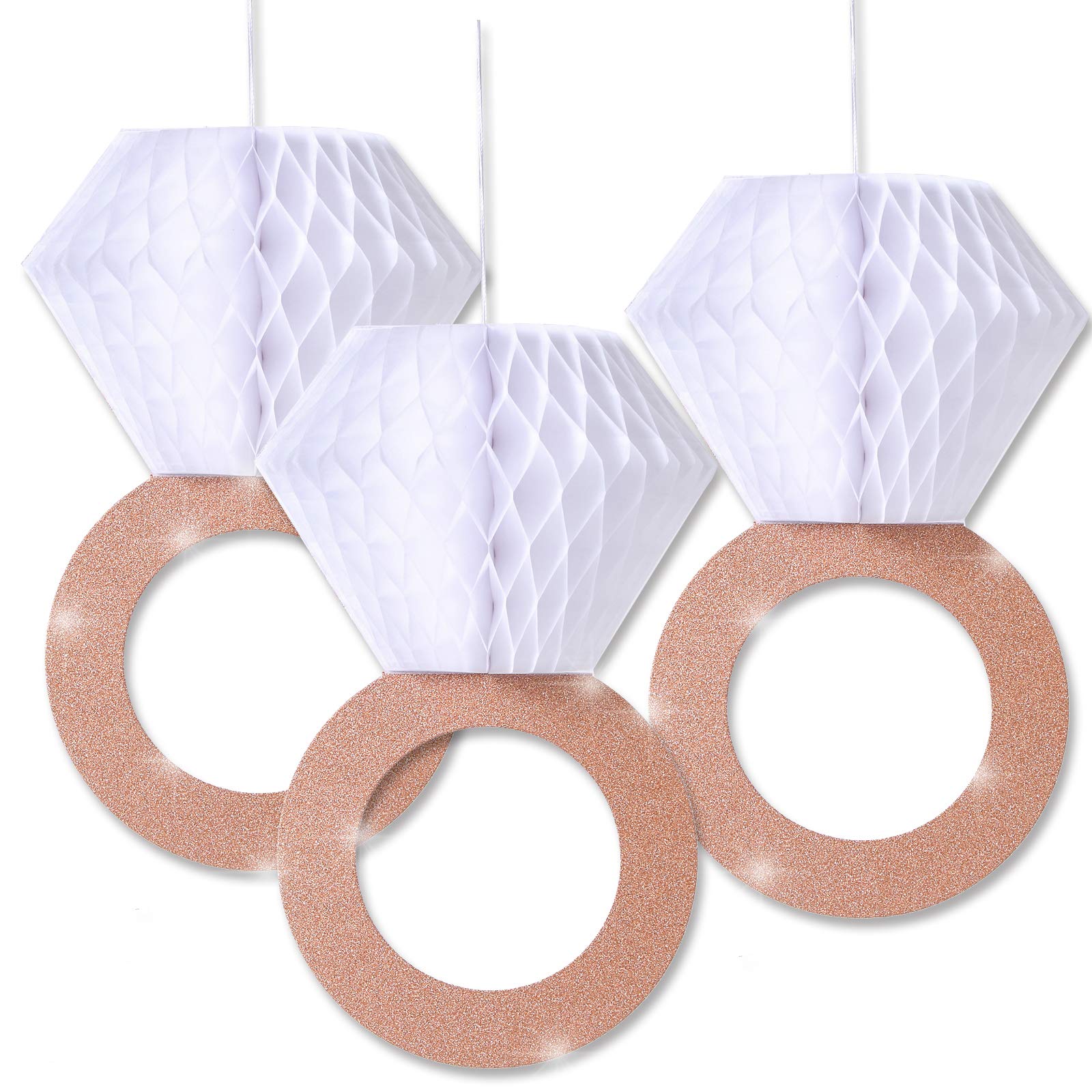 Rose Gold Glitter Diamond Ring Decorations (3pcs) - Elegant Bridal Shower & Engagement Party Supplies - Honeycomb Hanging Decor with Glittery Letters Banner - Perfect for Wedding, Anniversary & Romantic Celebrations