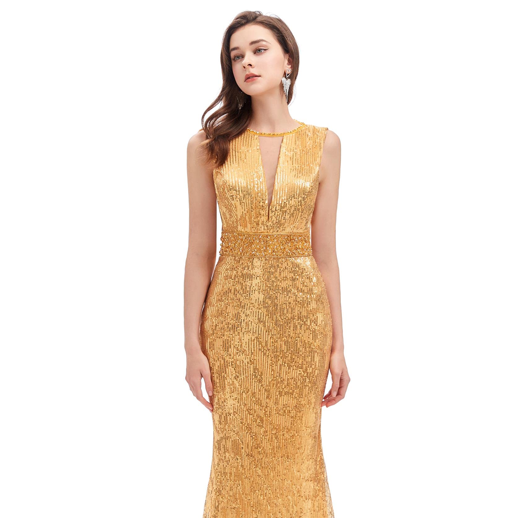 FCOMES Women's Sparkly Sequin Mermaid Evening Gown for Formal Party, Homecoming, Prom & Celebrity Events - Sleeveless Long Backless Dress for Special Occasions