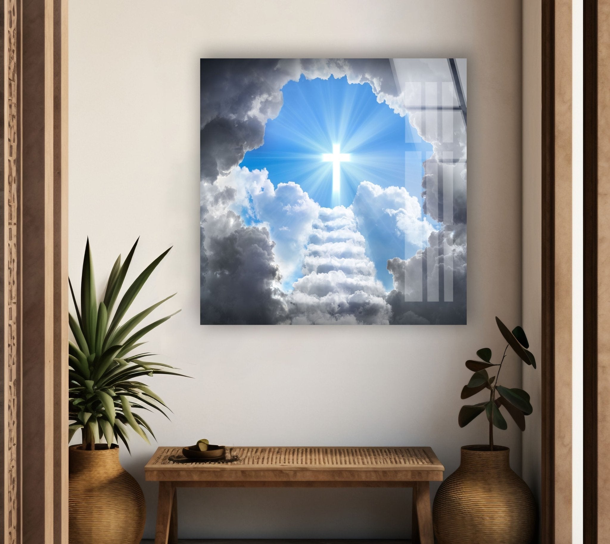 Stunning Cross of Light Shining Glass Wall Art - Elegant Religious Home Decor for Living Room, Bedroom & Church