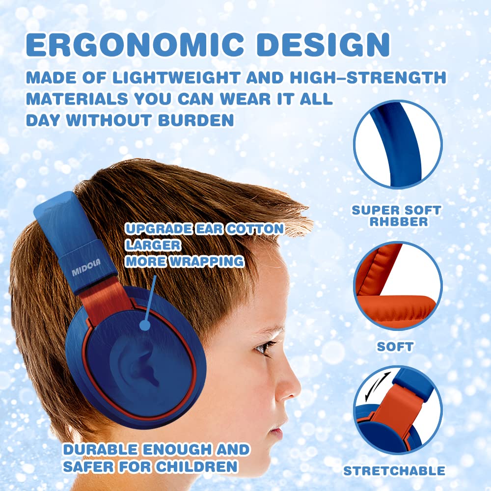 MIDOLA Kids Headphones with Volume Limiter (85/110dB) - Wired Over-Ear Foldable Headset with Built-in Mic & 3.5mm AUX Cable - Safe for Children's Ears - Perfect for School, Travel, Gaming & Online Learning (Blue)