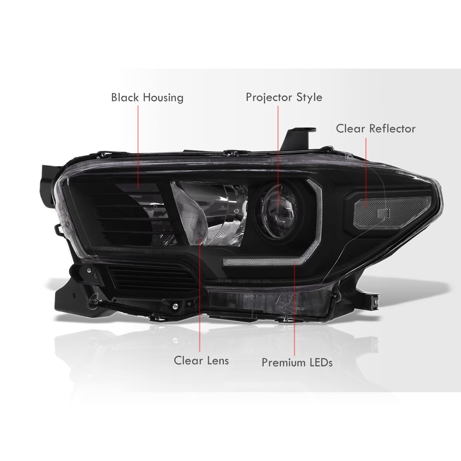 AJP Distributors Black Housing Clear Lens LED Projector Headlights with DRL Strip - Compatible with Toyota Tacoma 2016-2023 Models | High Visibility Driving Lights for Night & Off-Road Use