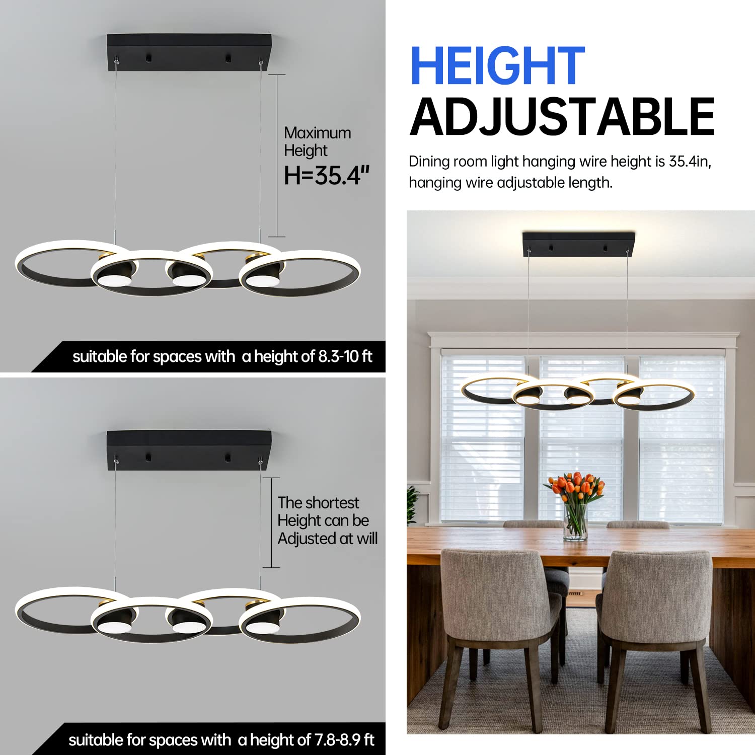 Modern 33-inch Black LED Chandelier Ceiling Light - 82W Dimmable Pendant Light with Remote Control (3000-6000K) - Perfect for Dining Room, Kitchen Island & Living Room Lighting
