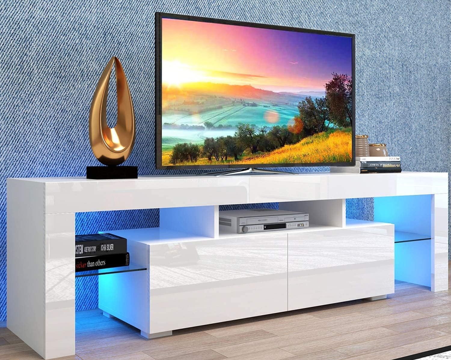 65 Inch TV Stand with LED Lights - Modern High Gloss Entertainment Center & Media Console Table with Storage Cabinet - Perfect for Living Room, Home Theater & Gaming Setup