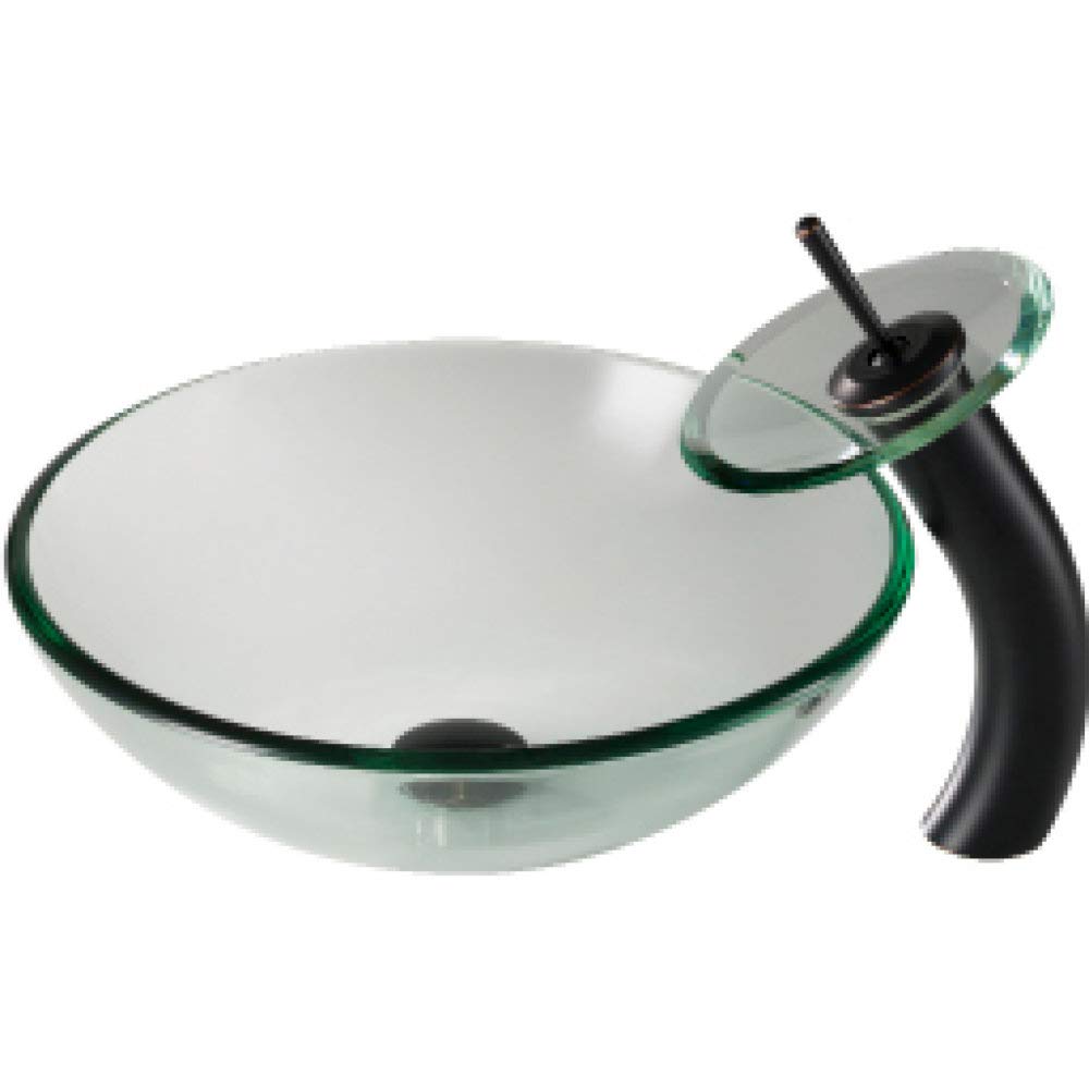 Oil Rubbed Bronze Clear Glass Vessel Sink with Waterfall Faucet - Modern Bathroom Vanity Upgrade for Spa-Like Luxury