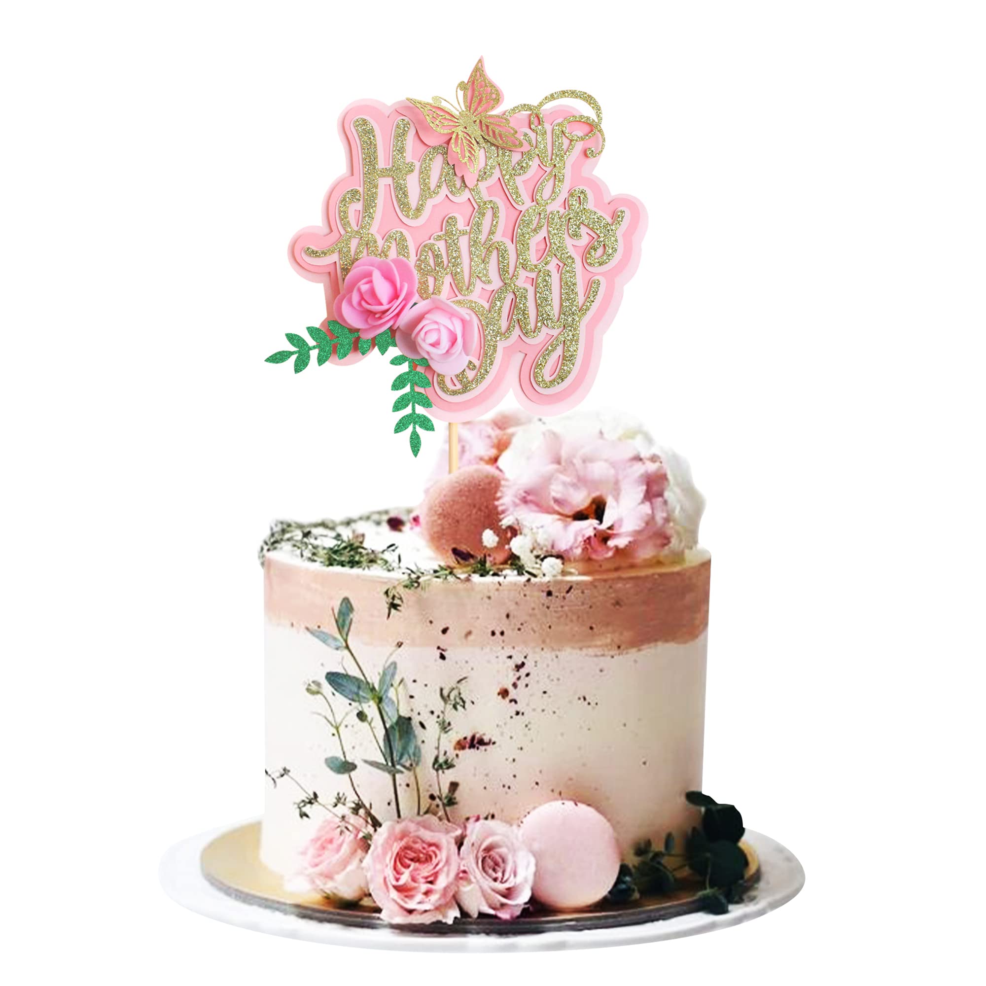 Gold Glitter Happy Mother's Day Cake Topper - Elegant Mom Letter Cake Decoration with Butterfly & Flower Design for Birthday Party, Wedding, Baby Shower & Special Celebrations