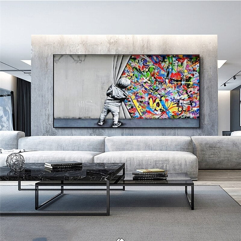 Banksy Boy Behind The Curtain Canvas Wall Art Print - Street Art Home Decor for Living Room, Bedroom & Office