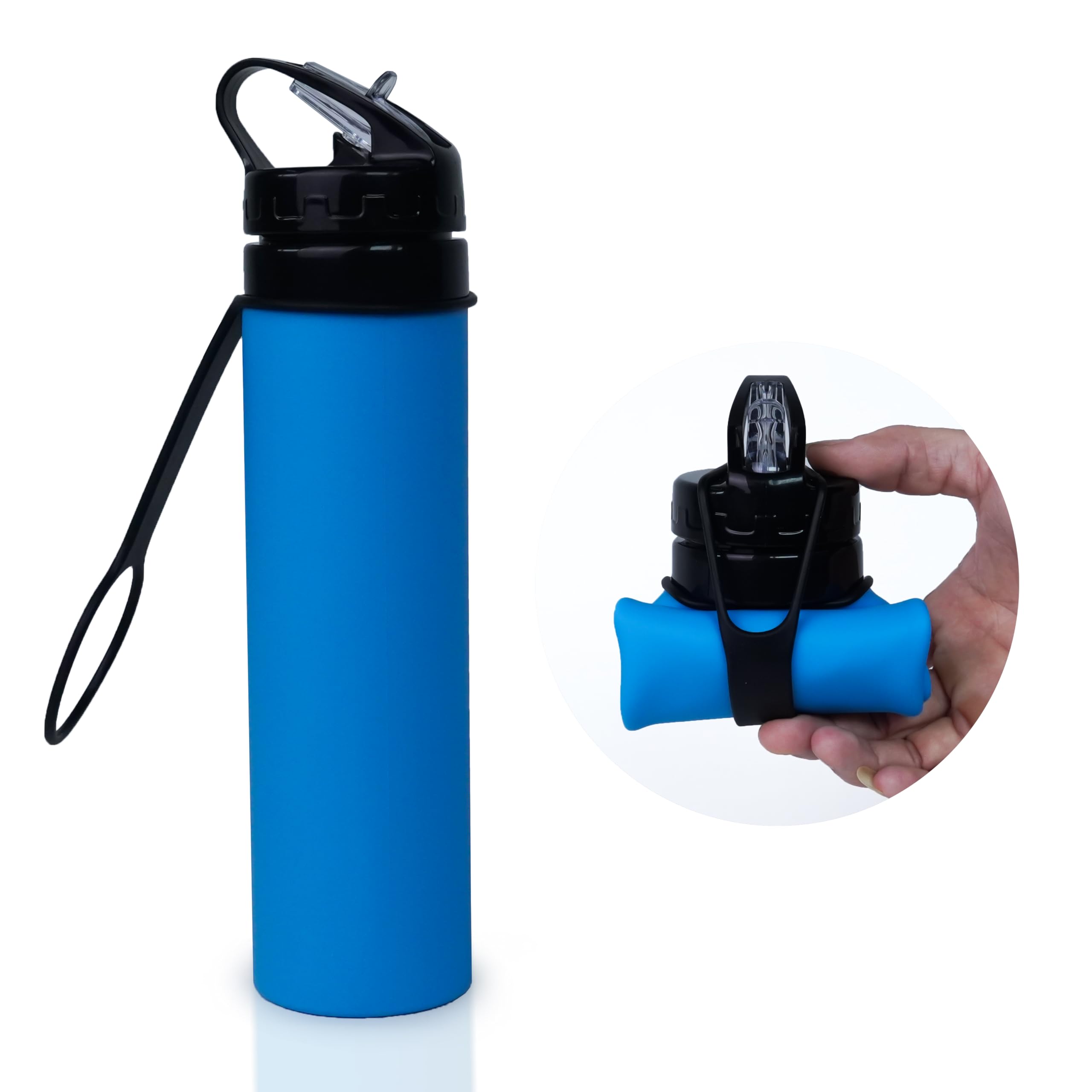 Collapsible Water Bottle 20oz - BPA Free, Leak Proof, Food Grade Silicone - Portable Reusable Water Jug for Travel, Camping, Hiking, Gym, Workout & Outdoor Activities (Blue)