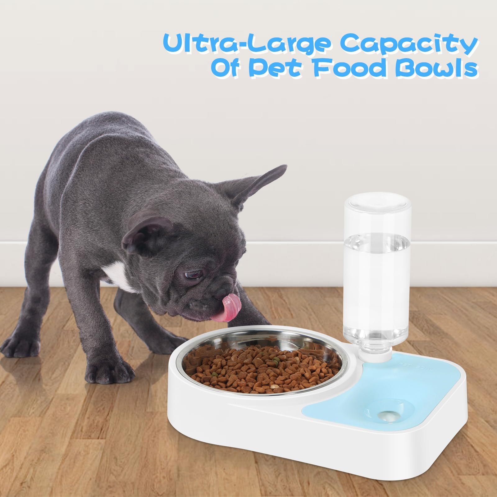 JUST RUN Double Pet Bowls Set - Automatic Water Dispenser & Detachable Stainless Steel Food Bowls for Dogs, Cats, Puppies, Kittens & Rabbits (Blue) | Perfect for Home, Travel & Outdoor Feeding