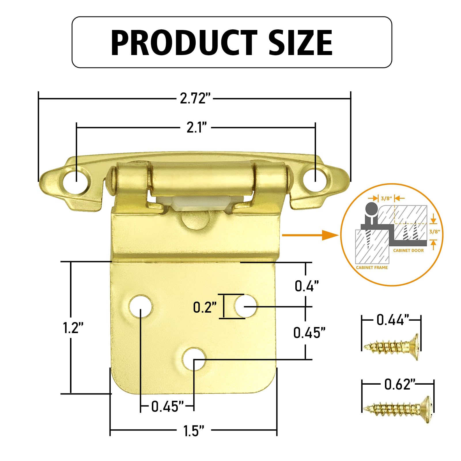 3/8 Inch Inset Brass Gold Cabinet Hinges (10 Pairs - 20 Pack) - Self Closing Hinges for Kitchen & Cabinet Doors - Durable Cabinet Hardware for Home Renovation & Furniture Installation