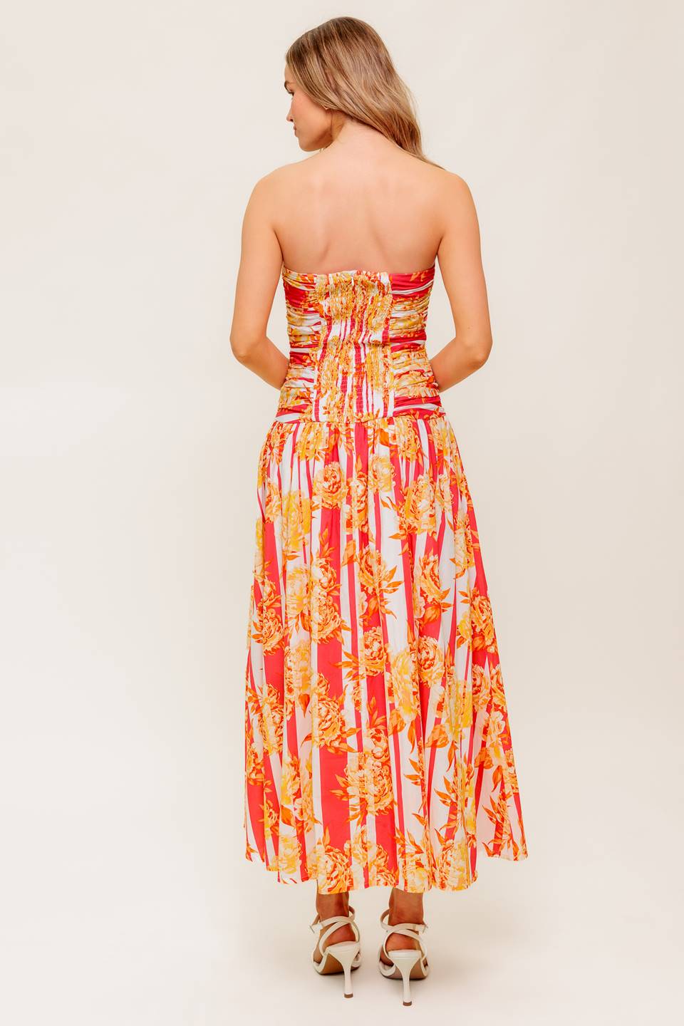 PEONY STORM Shirred Strapless Midi Dress - Elegant Summer Party, Wedding Guest & Cocktail Dress for Women