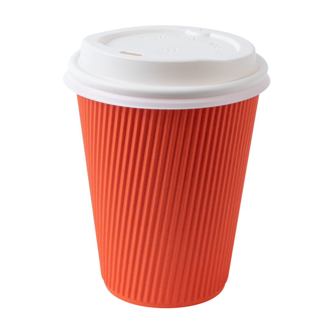 12 oz Tangerine Orange Ripple Wall Paper Coffee Cups with White Lids - 200 Count Bulk Pack (3.5