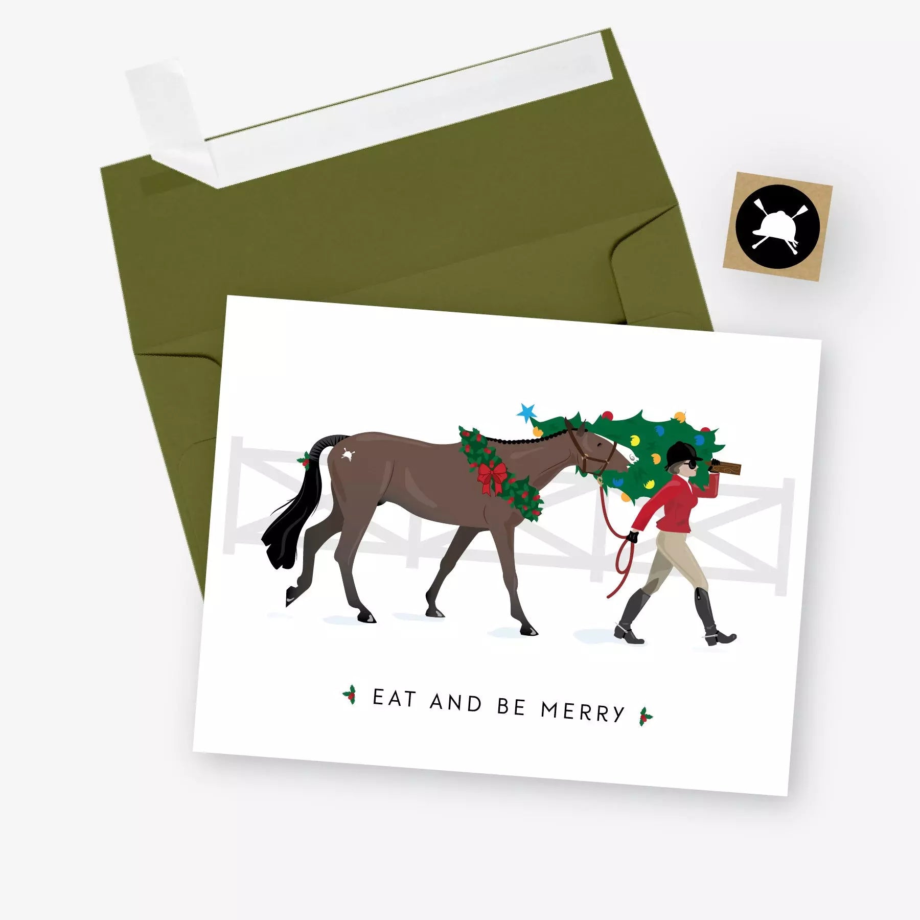 Eat + Be Merry English Equestrian Christmas Card - Holiday Greeting Card for Horse Lovers - Perfect for Christmas Wishes, Holiday Parties & Festive Decorations