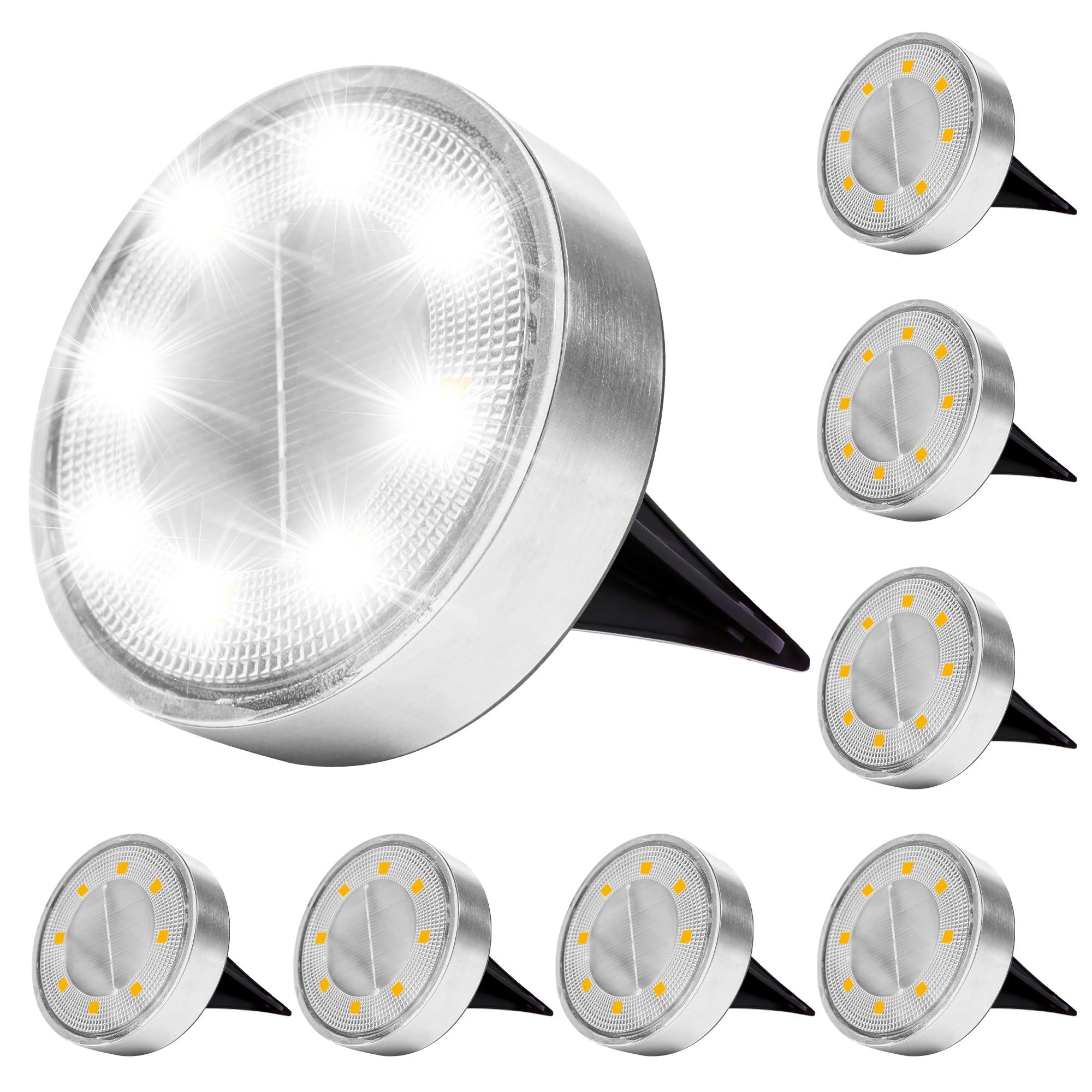 8 Pack Solar Ground Lights - IP68 Waterproof Outdoor Solar Disk Lights with 8 LEDs for Garden, Patio, Pathway, Lawn, Yard, Driveway & Walkway | Landscape Lighting Decor (White) | Perfect for Nighttime Safety & Ambience