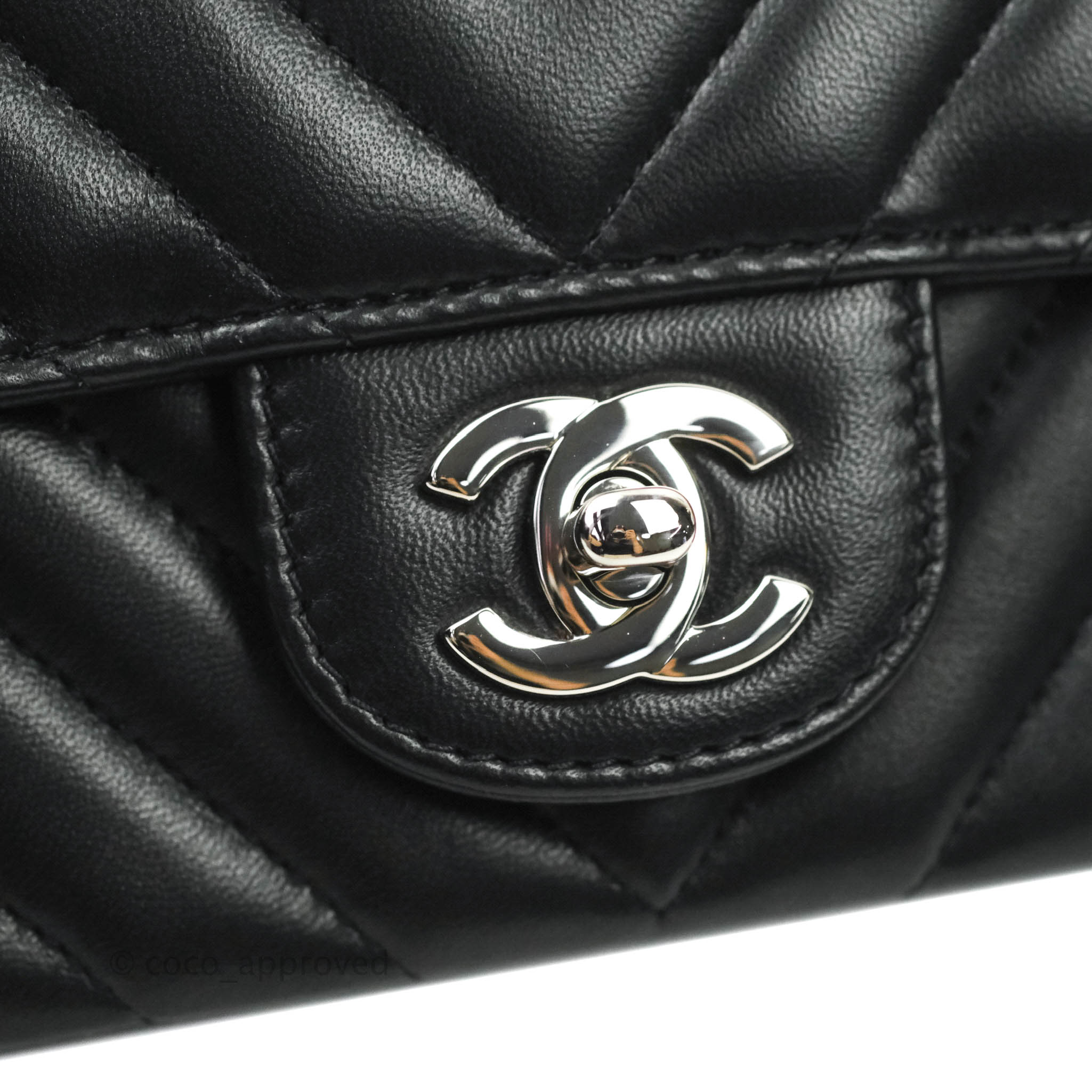 Chanel Classic Chevron Mini Rectangular Flap Bag Black Lambskin Leather with Silver Hardware - Perfect for Evening Events & Luxury Fashion Accessories