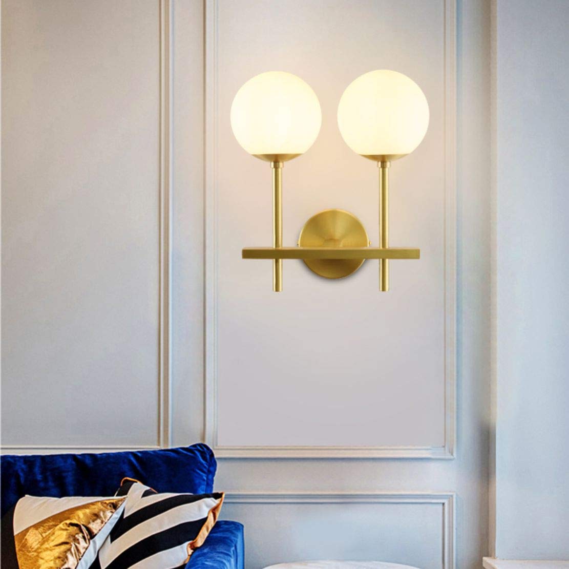 Luxury Glass White Ball Wall Lamp - Modern Wall Mounted Light Fixture with Antique Brass Finish - 2-Light Wall Sconce for Living Room, Bedroom, Bathroom & Hallway - Elegant Ambient Lighting for Home Decor & Interior Design
