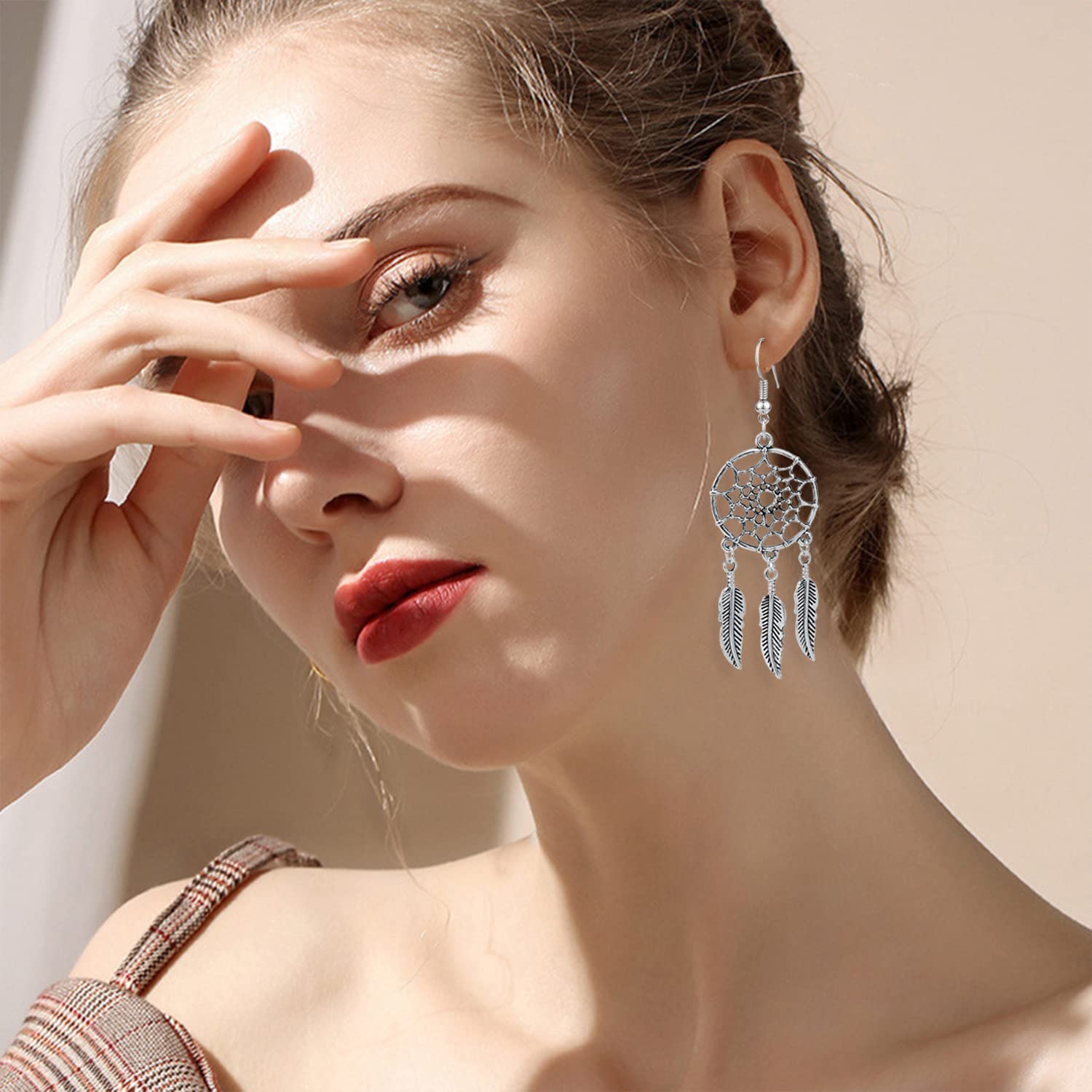Retro Silver Boho Style Dream Catcher Feather Dangle Earrings for Women - Statement Tassel Drop Earrings with Turquoise Accents | Perfect for Festival, Party & Boho Fashion Outfits