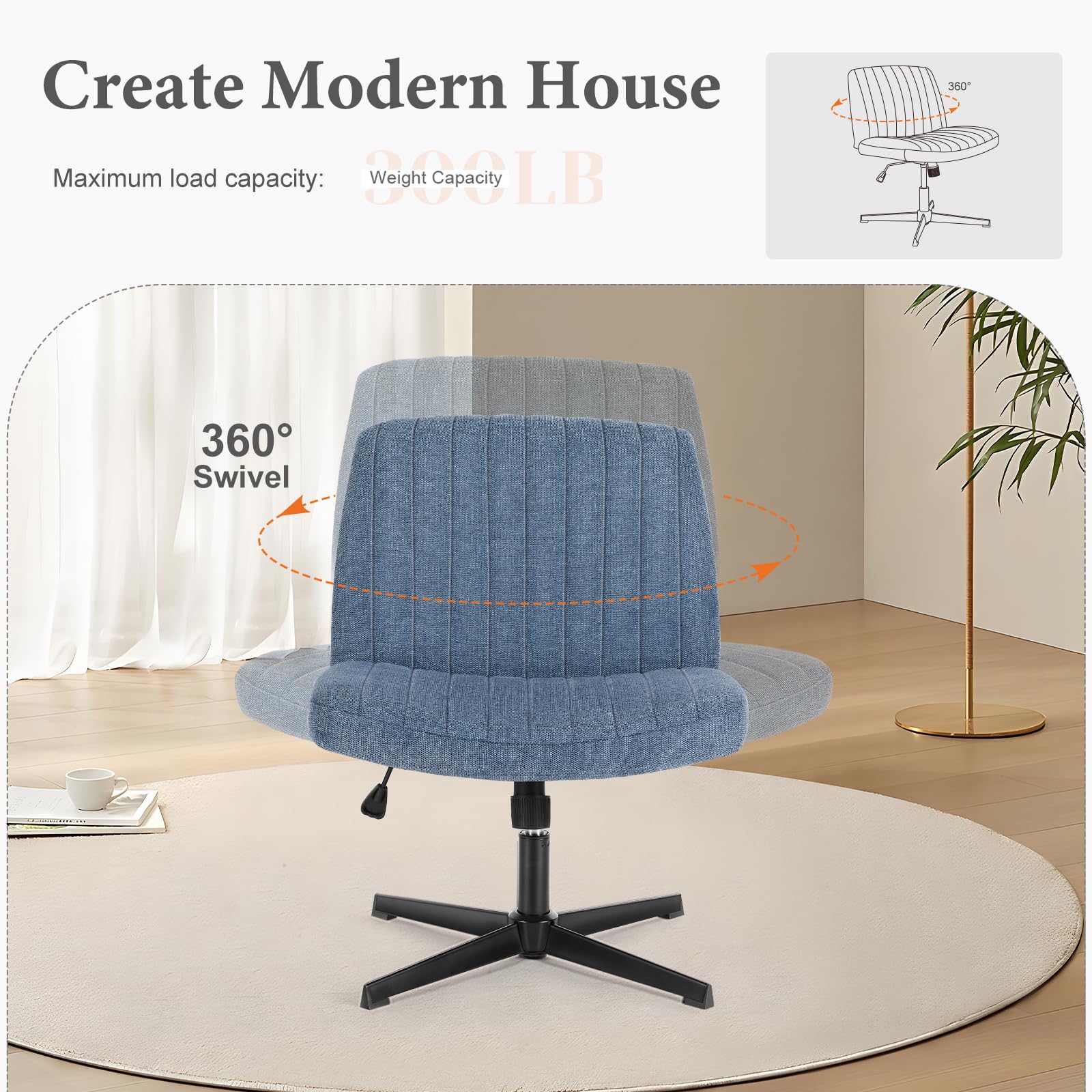 Sweetcrispy Criss Cross Chair - Armless Office Desk Chair Without Wheels, Swivel Vanity Chair with Height Adjustable Wide Seat, Modern Fabric Computer Task Chair in Blue - Perfect for Home Office, Study Room, and Makeup Vanity Areas