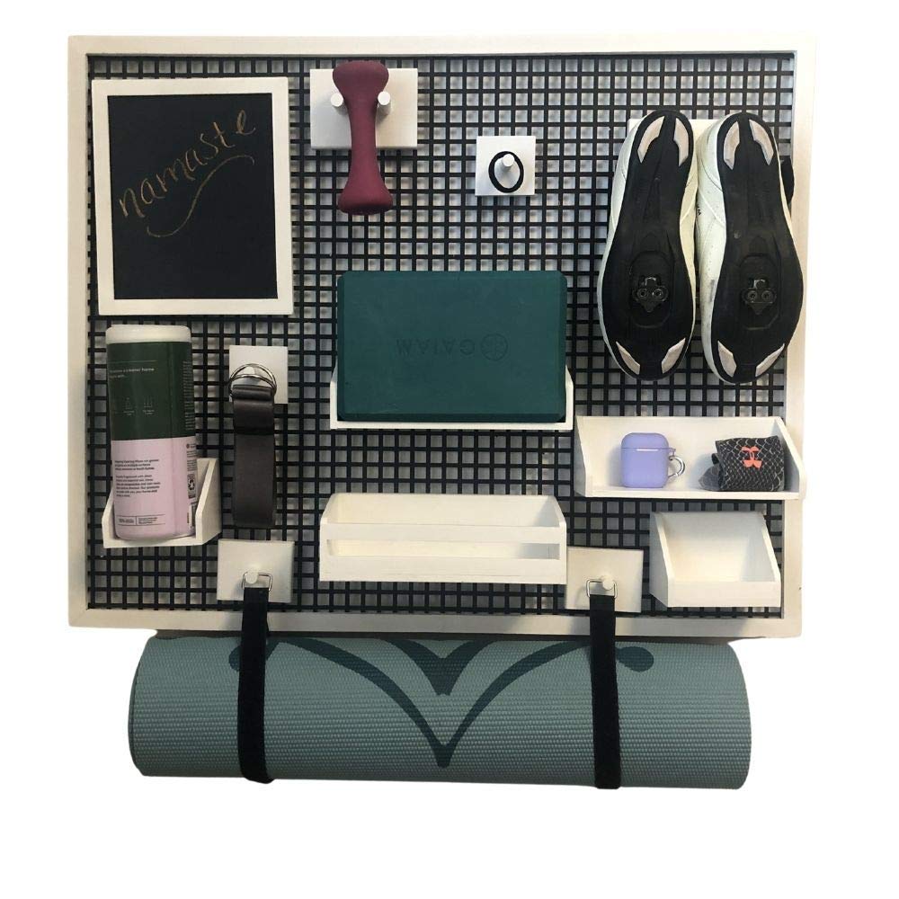 Wall Mounted Home Gym Storage Organizer - White/Black Metal Frame with Wooden Shelves & Hooks | Durable Wall Shelf for Dumbbells, Yoga Mats & Fitness Equipment | Perfect for Garage, Basement & Home Workout Spaces