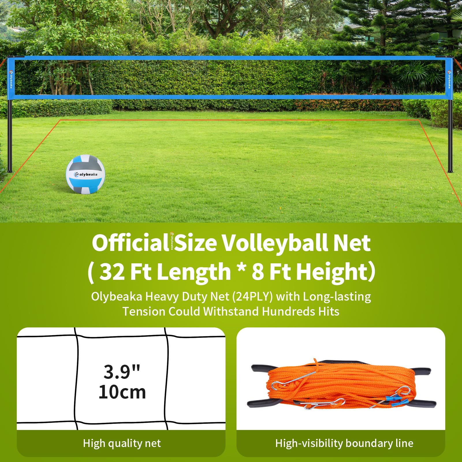 Premium Outdoor Volleyball Net Set - Adjustable Height Rust-Resistant Poles, 32ft Heavy-Duty Anti-Sag Net, Includes PU Volleyball, Air Pump, Carry Bag & Boundary Lines - Perfect for Backyard, Beach & Park Games