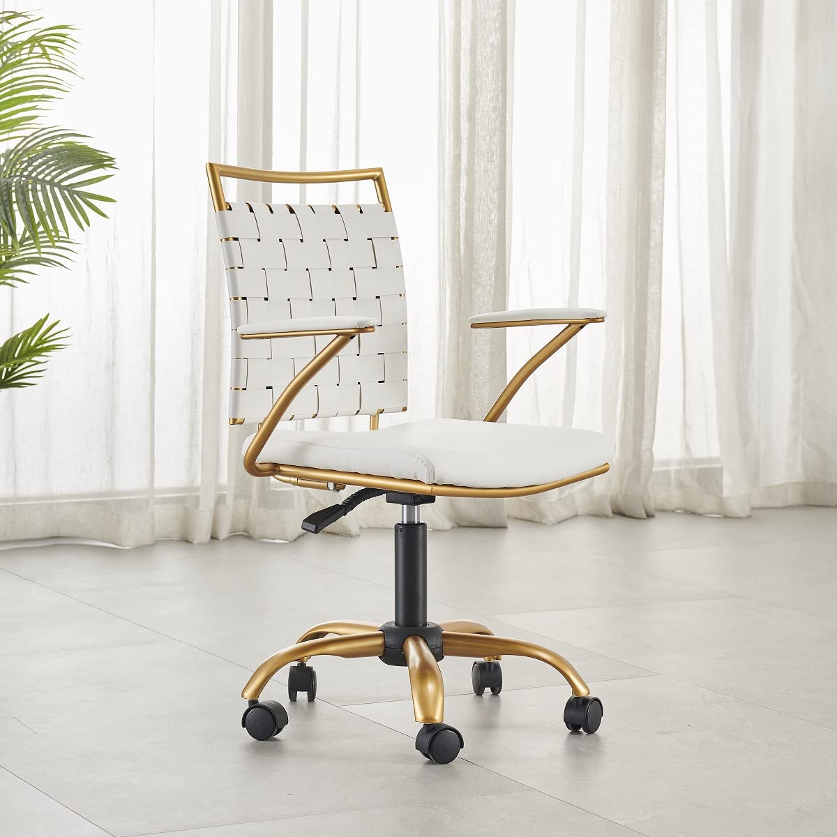 Modern White and Gold Ergonomic Office Chair - Adjustable Height, PU Leather, Armrests - Perfect for Home Office, Study & Gaming Desks (3013 Gold White)