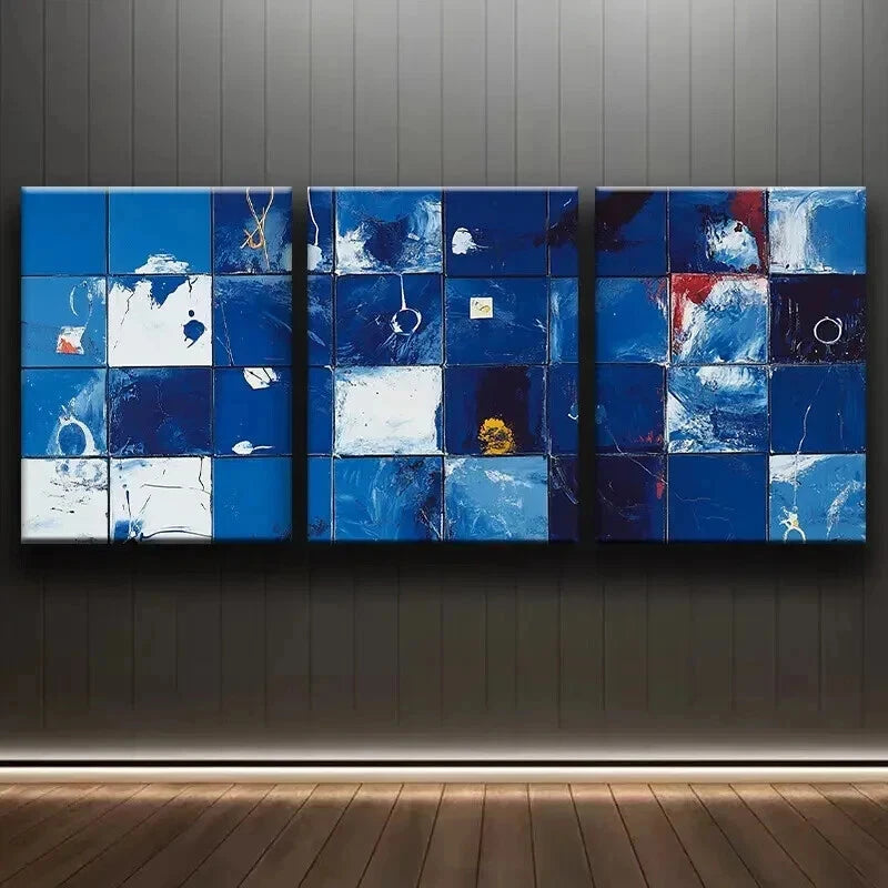 3-Piece Abstract Blue and White Geometric Grid Wall Art Set - 40x60cm Framed Canvas Prints | High Quality Australian Made Ready-to-Hang Wall Decor for Living Room, Bedroom & Office