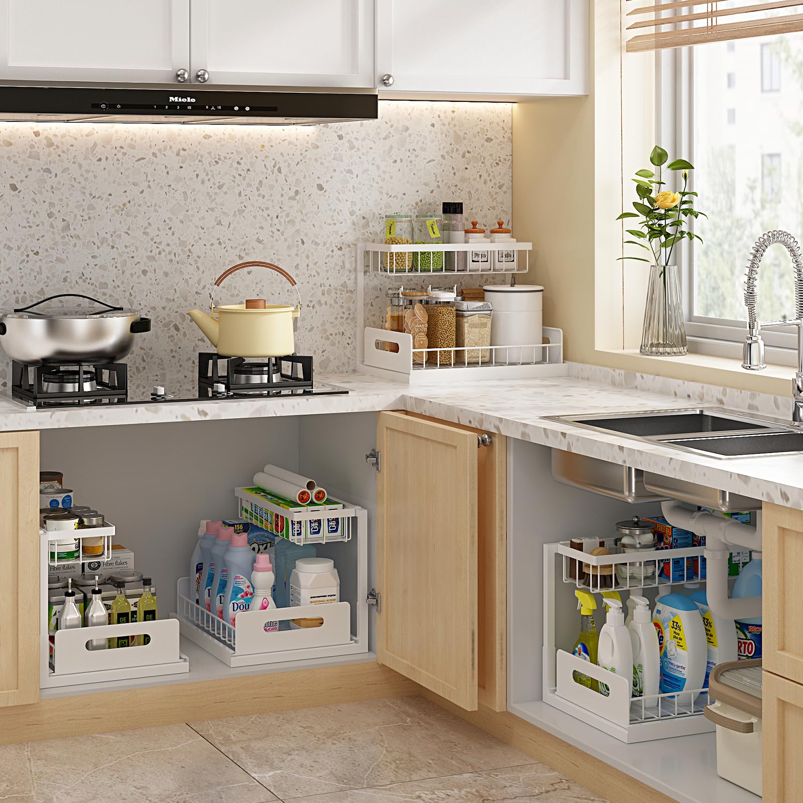 REALINN 2-Tier Under Sink Pull Out Organizer - White Kitchen & Bathroom Cabinet Storage Shelf (2-Pack) | Perfect for Maximizing Space Under Sink, Pantry, or Vanity Storage
