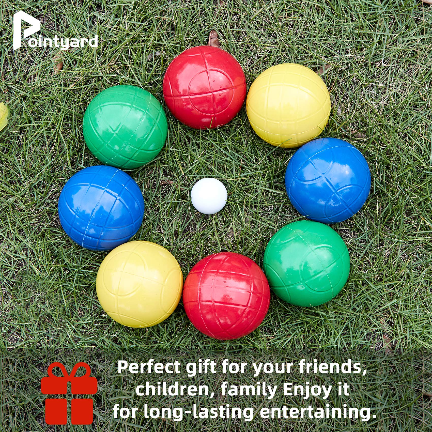 **Regulation 100mm Bocce Ball Set - 8 PE Balls, Pallino, Carry Bag & Measuring Tape - Outdoor Family Game for Backyard, Lawn, Beach, Picnics & Parties (Red, Blue, Green, Yellow)**