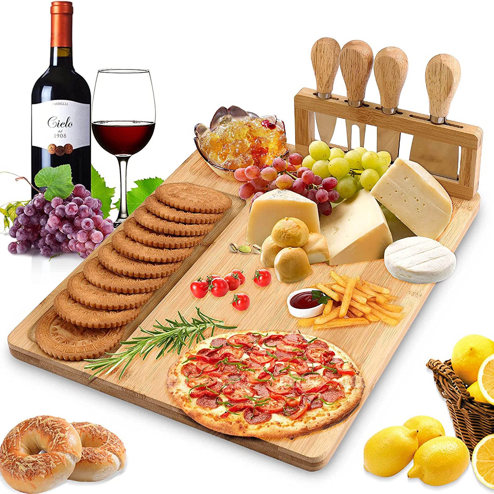 Premium Bamboo Cheese Board & Knife Set - 4 Stainless Steel Cutlery Included - Elegant Charcuterie Serving Tray for Entertaining, Wine Pairings & Gourmet Cheese Platters