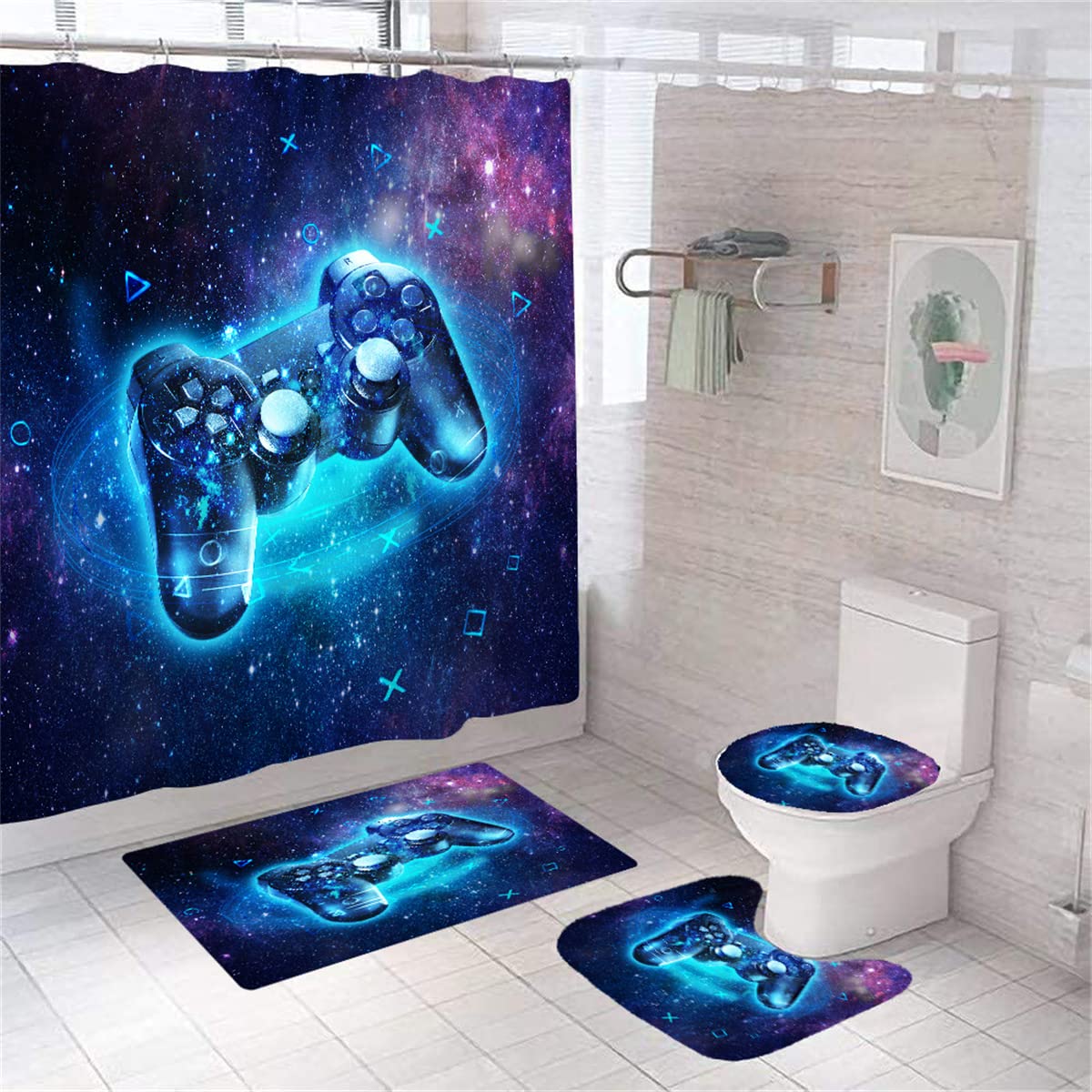 Waterproof Gaming Shower Curtain for Kids & Teens - 72x72 Inch Modern Gamer Bathroom Decor with 12 Hooks - Starry Sky Video Game Design for Bathtubs & Shower Stalls - Perfect Gift for Boys' Game-Themed Bathroom
