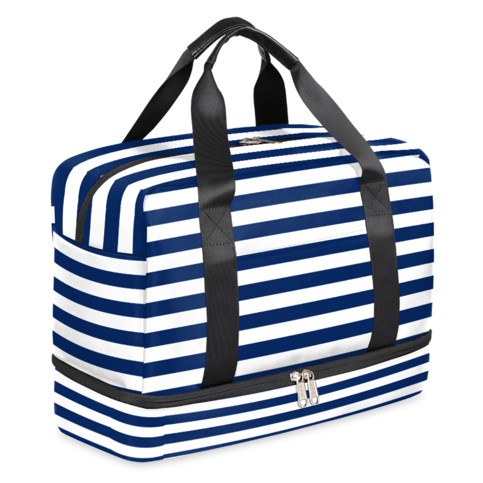 Navy Blue Striped Sports Duffel Bag with Shoe Compartment - Geometric Pattern Gym Bag for Men & Women - Large Travel Tote for Yoga, Workout & Weekend Getaways - Perfect for Gym, Sports, Travel & Fitness Enthusiasts