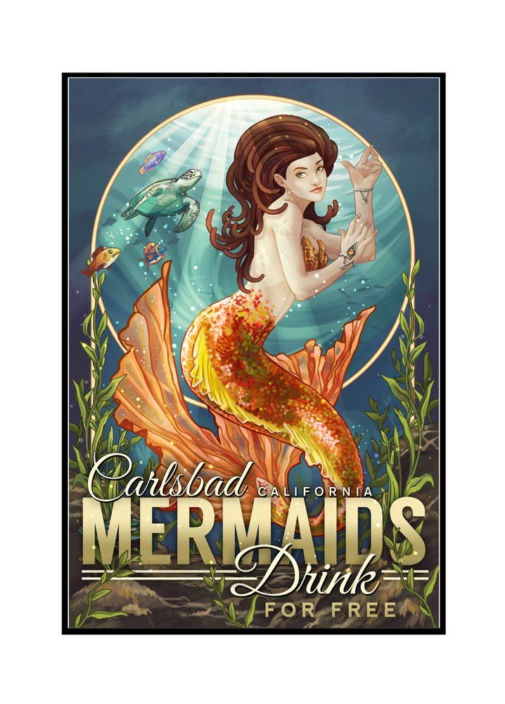 Carlsbad California Mermaids Drink for Free - 24x36 Framed Gallery Wrapped Canvas Wall Art - Perfect for Beach House Decor & Coastal Living Room
