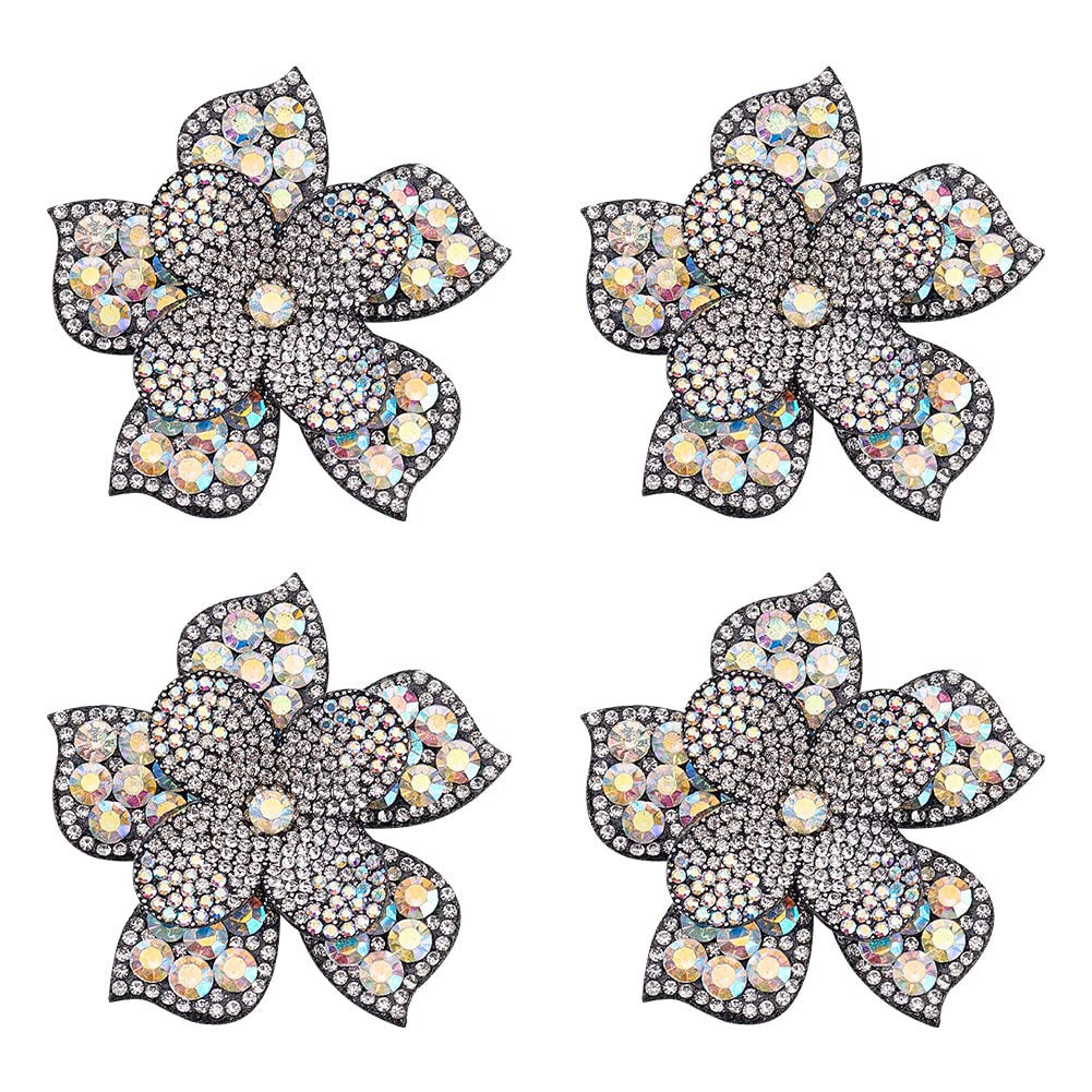 FINGERINSPIRE 4 Pack Flower Crystal Rhinestone Sew On Patches - 2.6x2.6 Inch AB Color Sparkling Appliques for DIY Clothing, Jeans, Jackets, Bags & Shoes | Perfect for Embellishing Denim, Evening Wear & Accessories