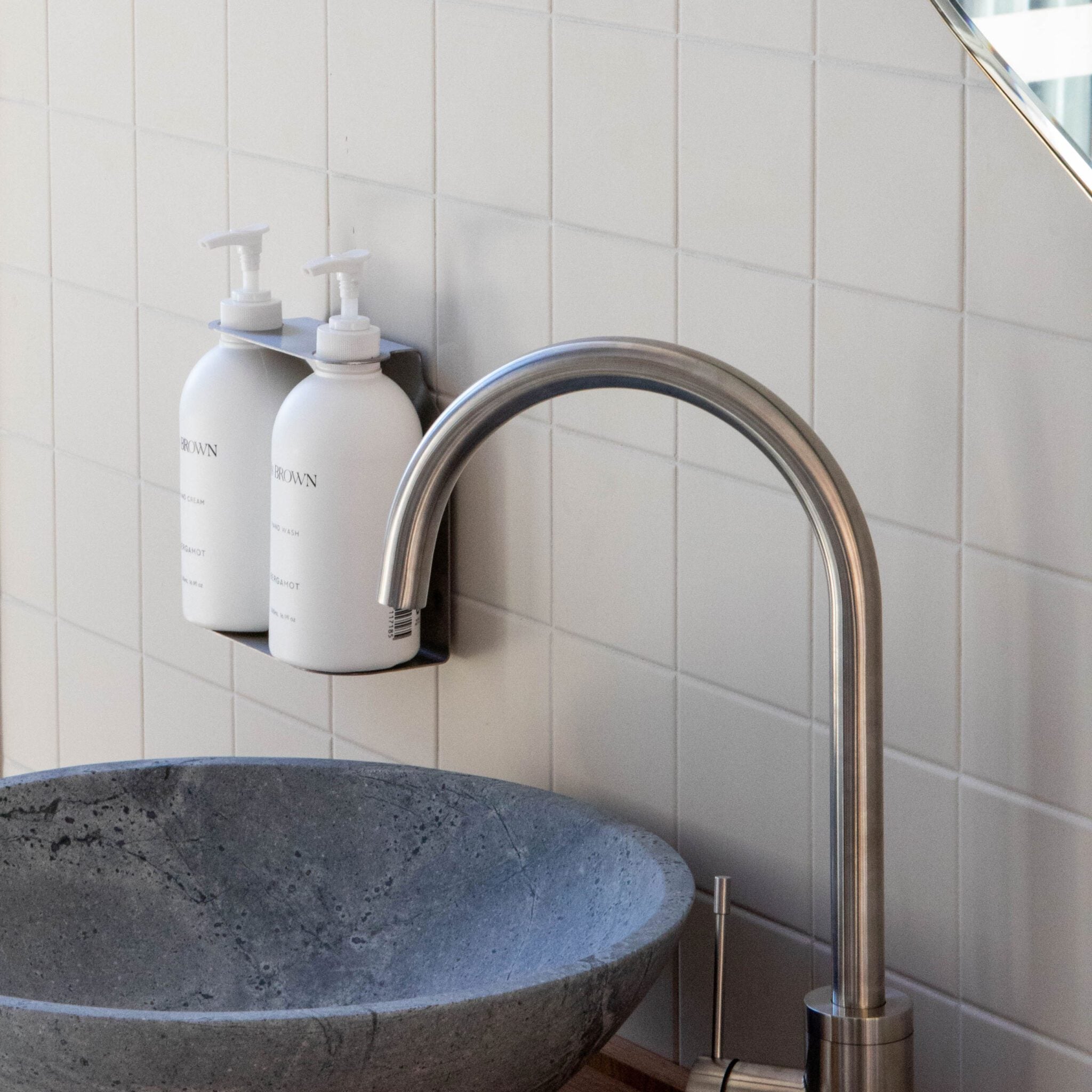 Dual Soap Dispenser Holder - Brushed Steel Bathroom Organizer for Countertop | Modern Soap Pump Stand for Kitchen & Bathroom Sink | Space Saving Design for Home & Office Use