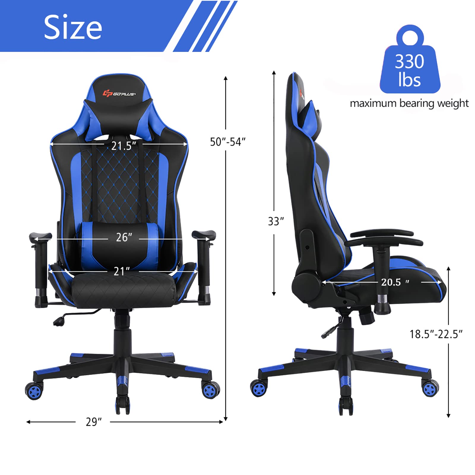 Powerstone Ergonomic Gaming Chair with Adjustable Armrest, Massage Lumbar Support & Wide Cushion - Blue Office Computer Chair for Adults - Perfect for Gaming, Working & Home Office Use