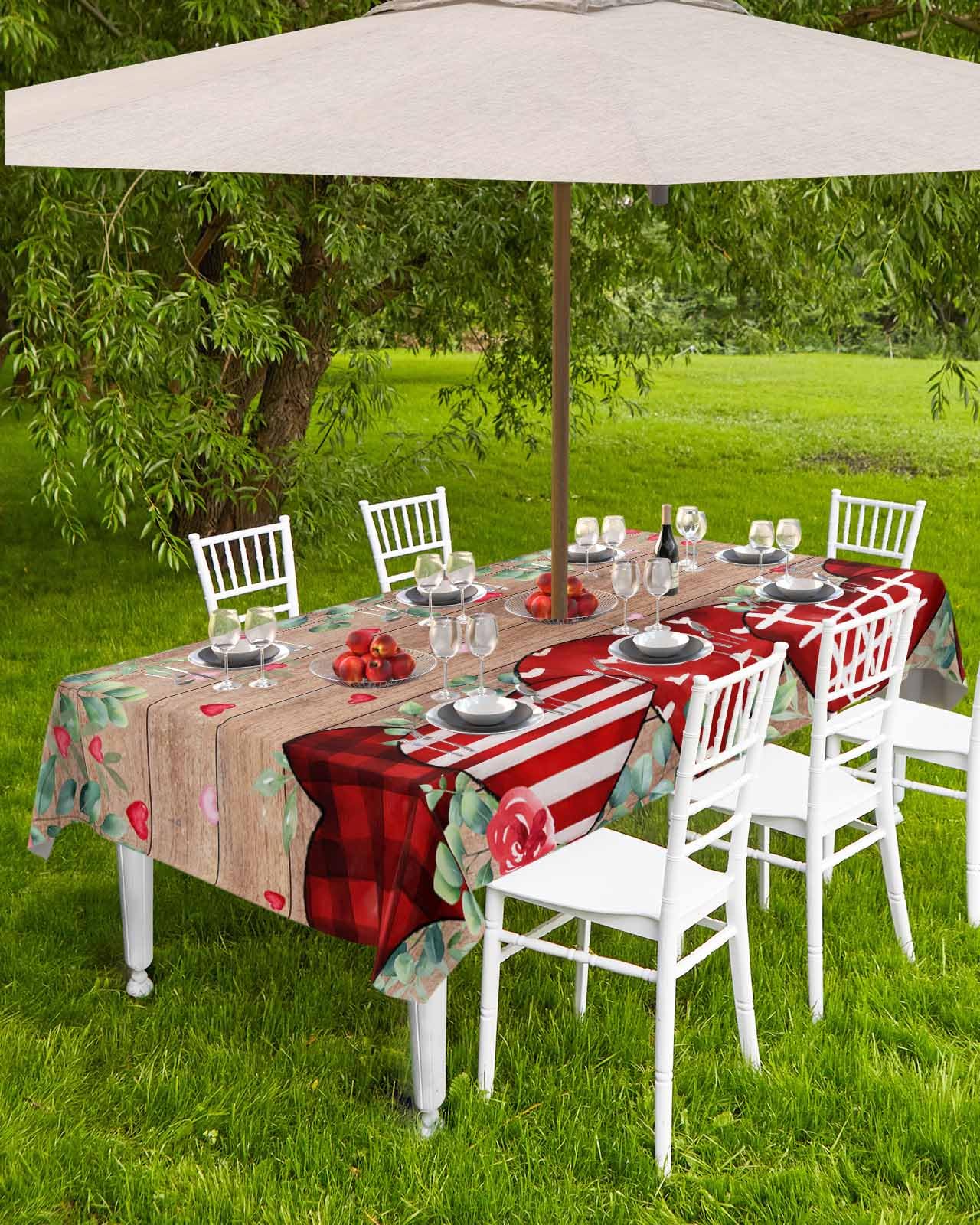 Valentine's Day Red Heart Tablecloth with Umbrella Hole & Zipper - Waterproof Spillproof Rectangular Table Cover for Outdoor Dining, Picnic, Party & Patio - Wood Grain Texture Design